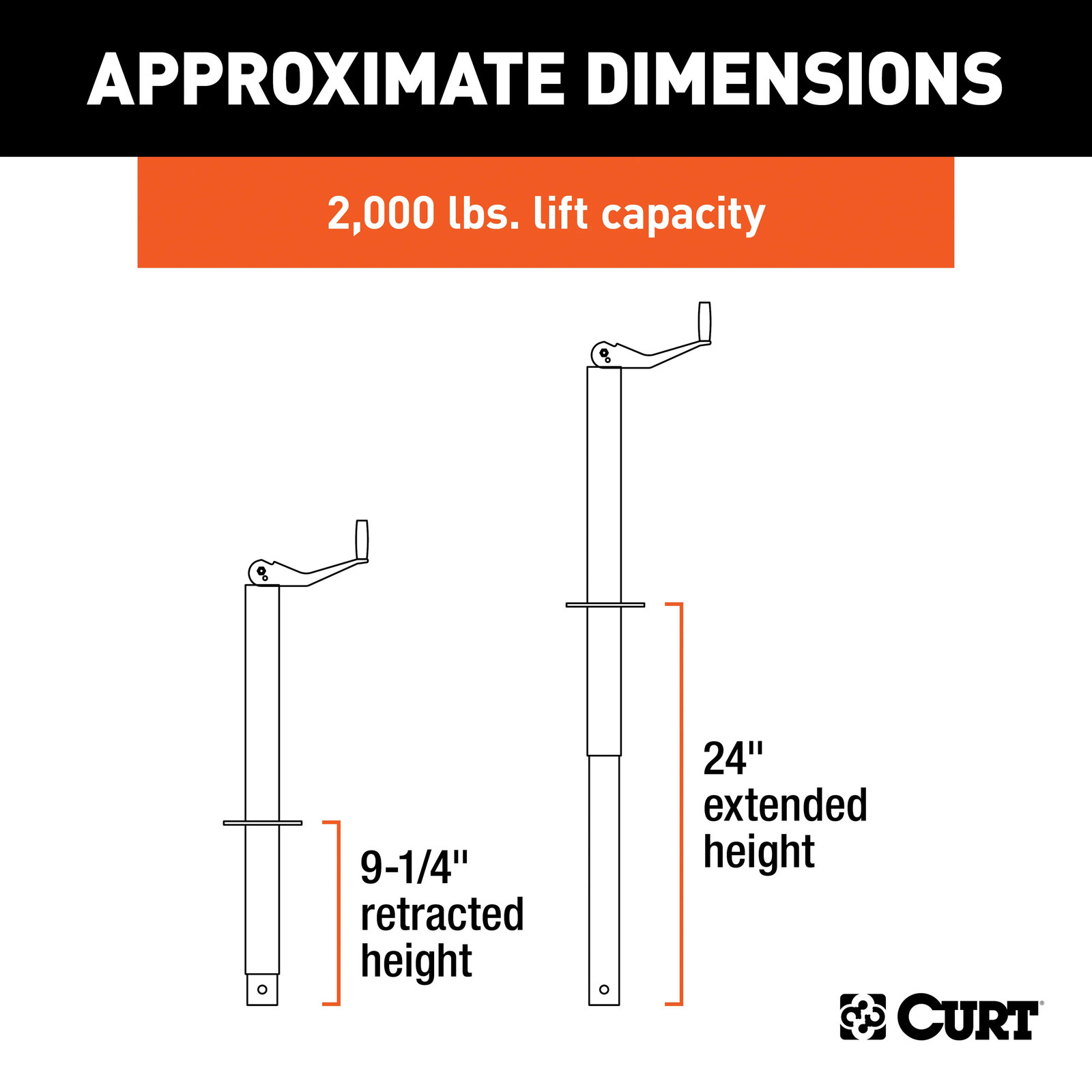Trailer Jack CURT 28202 Top Wind A-Frame Jack w/ Top Handle (2K lbs, 15″ Travel)