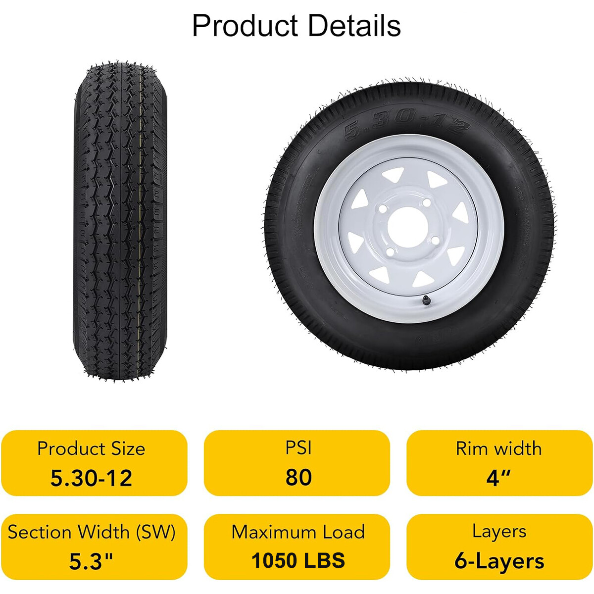 Set of 2 5.3-12 5.30×12 Trailer Tires with 12″ Rim 6PR 530-12 5.3-12 4 Lug on 4″