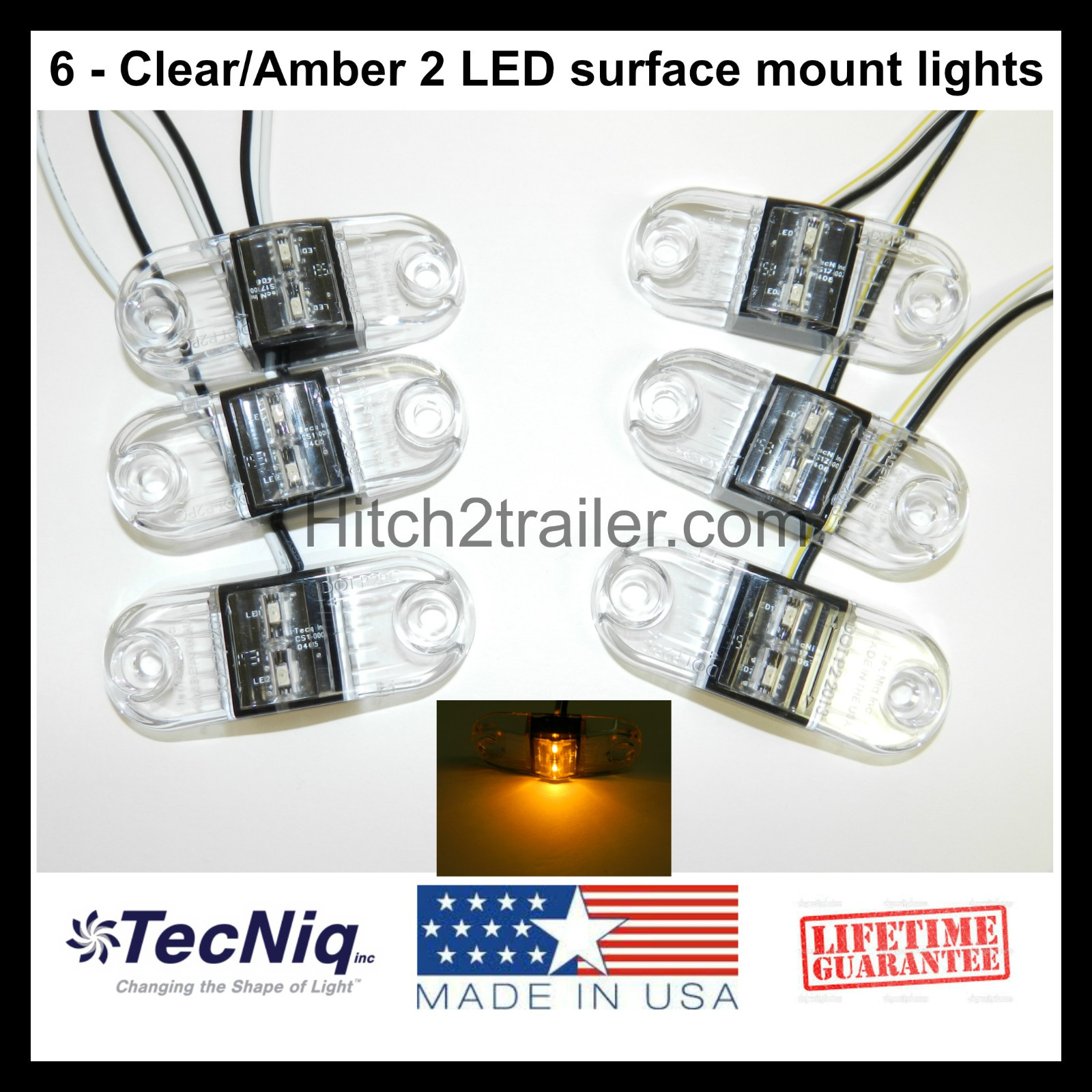 (6) TecNiq CLEAR / AMBER 2 LED Clearance Marker Light Camper Trailer USA