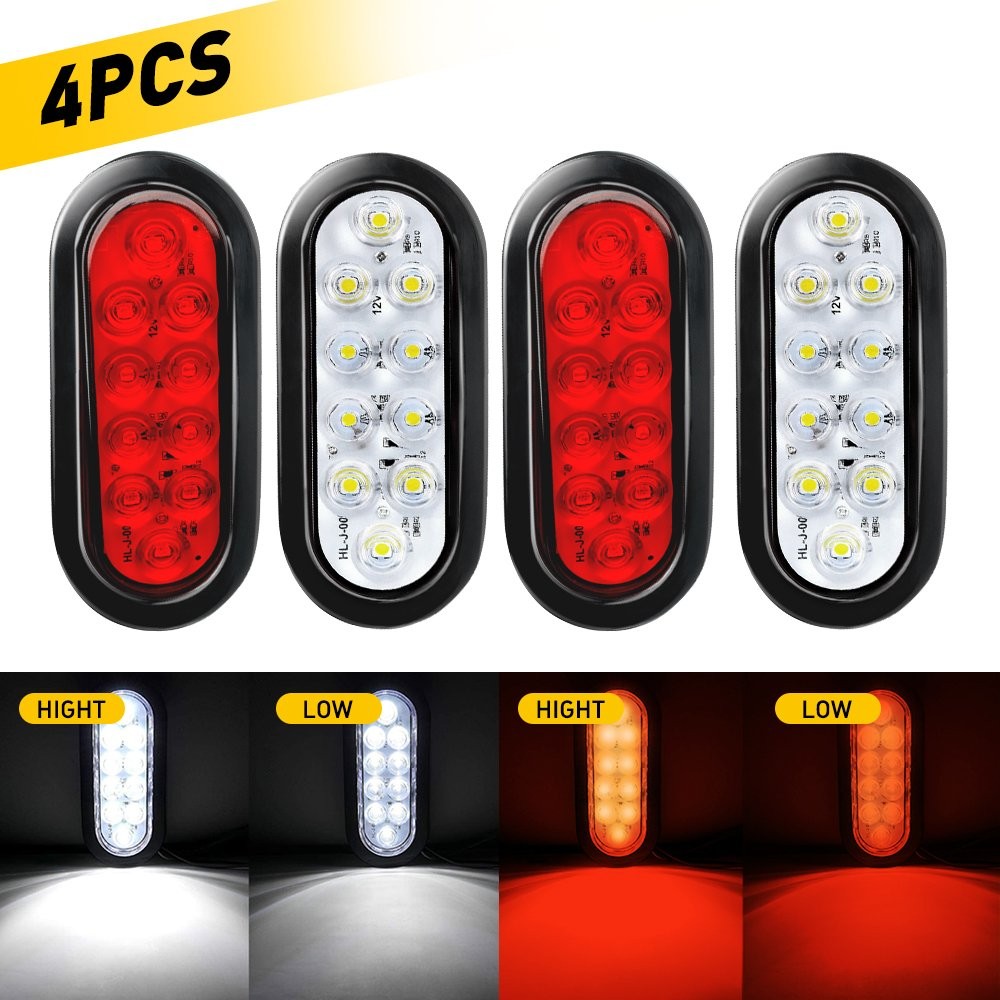 Universal 2x Red+2x White 6″ Oval 10 LED Trailer Truck Stop Turn Tail Lights 12V