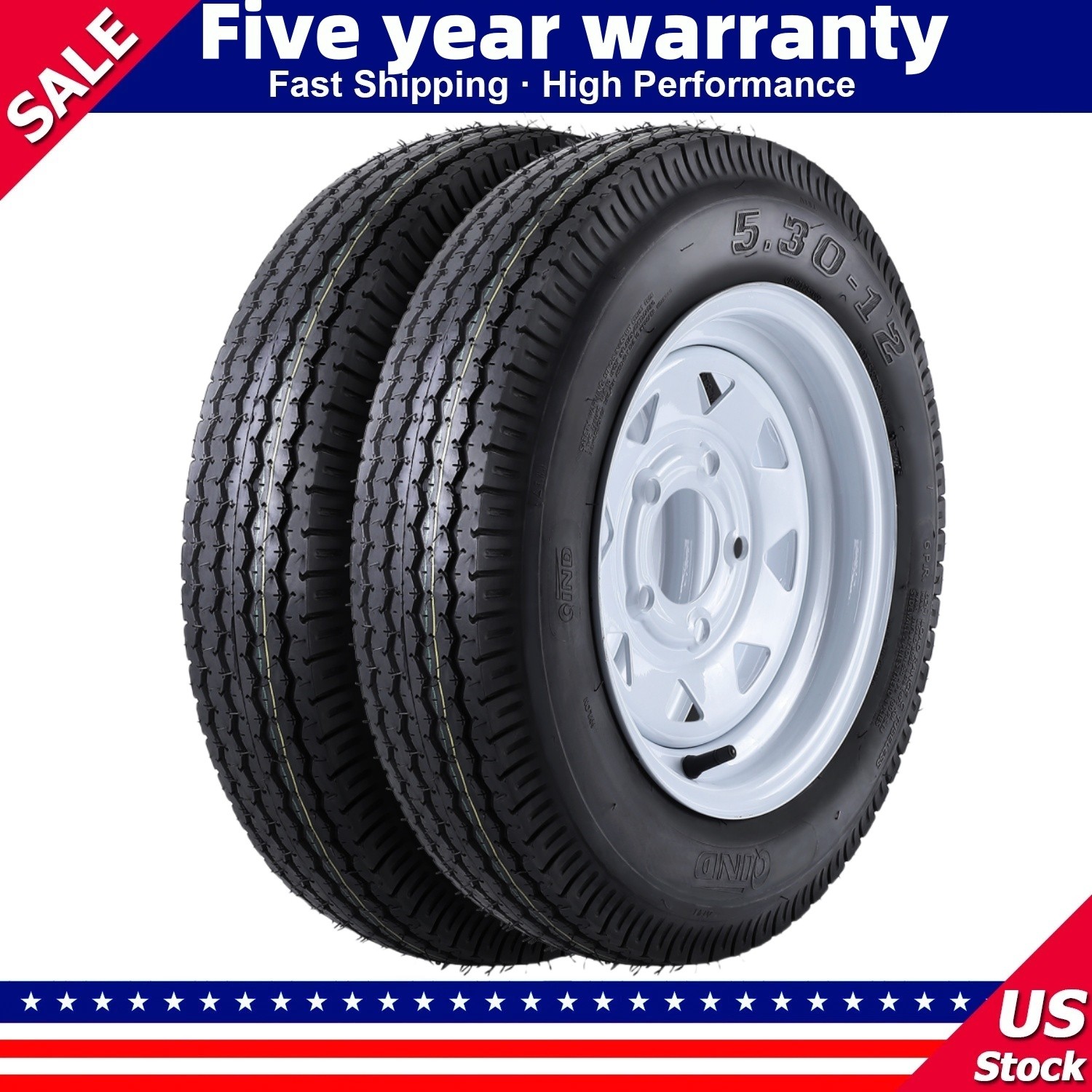 🔥2PCS Trailer Tires on Rim 5.30×12 Lawn Mower with Rim 5 Lug On 4.5″ 1050 LBS