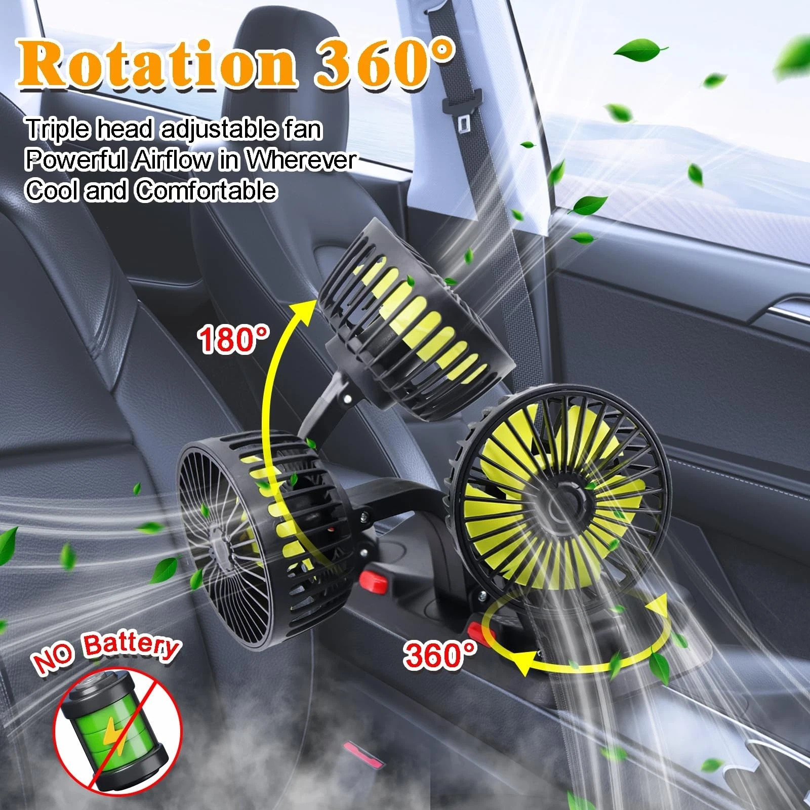 Triple-Head Car Fan 360° Rotation 12V Plug Compact AC Unit RV SUV Cabin Cooling