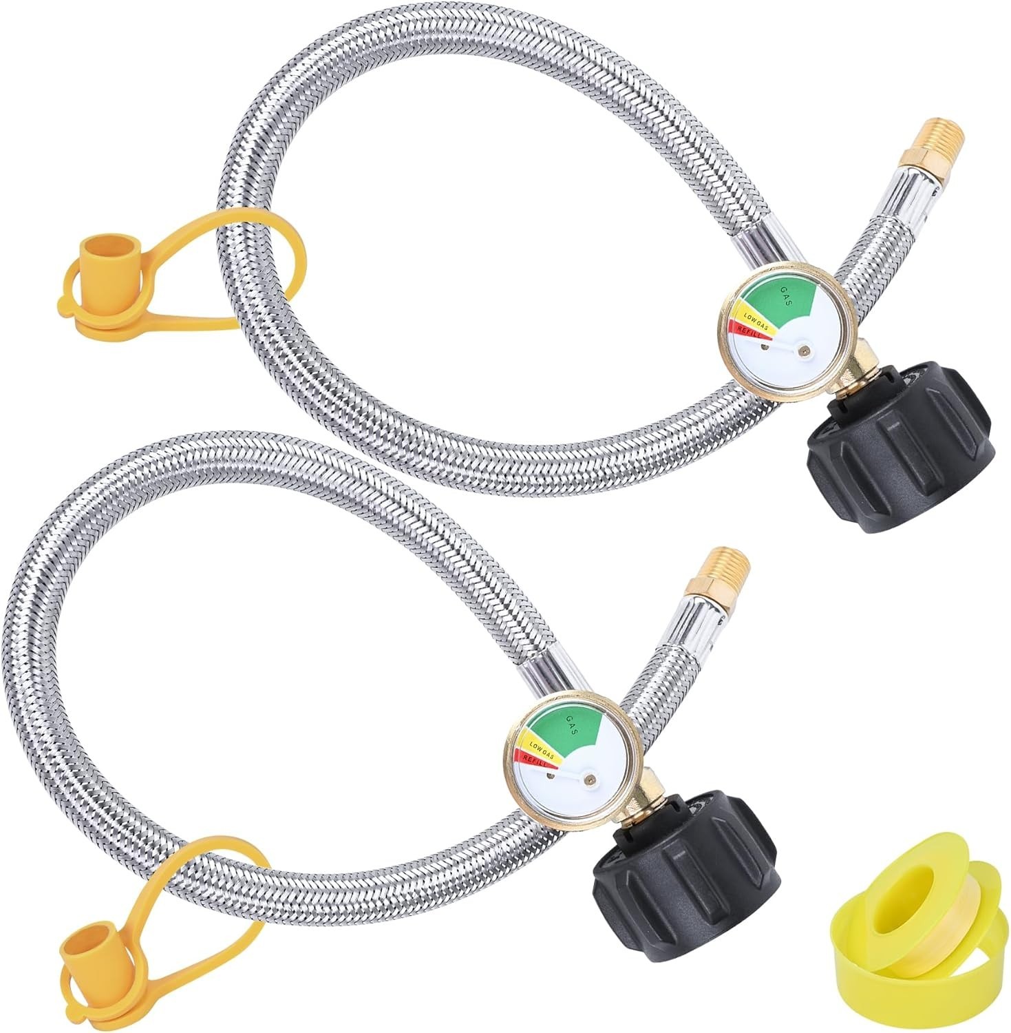 15-Inch Stainless Steel Braided RV Propane Hoses with Gauge – Dual Pack for C…