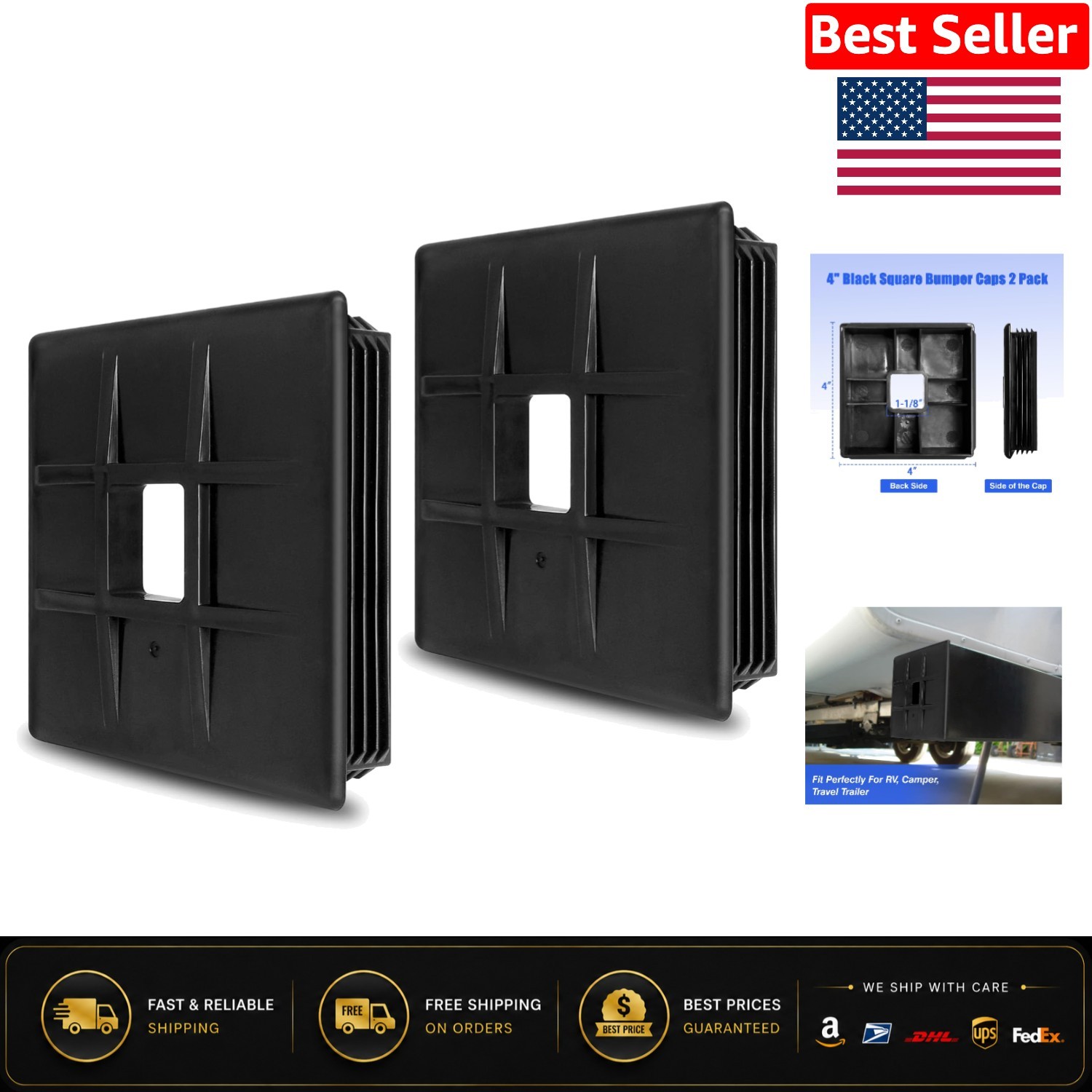 4″ Black Square RV Bumper Caps – Durable End Cap for Secure Sewer Hose Storage
