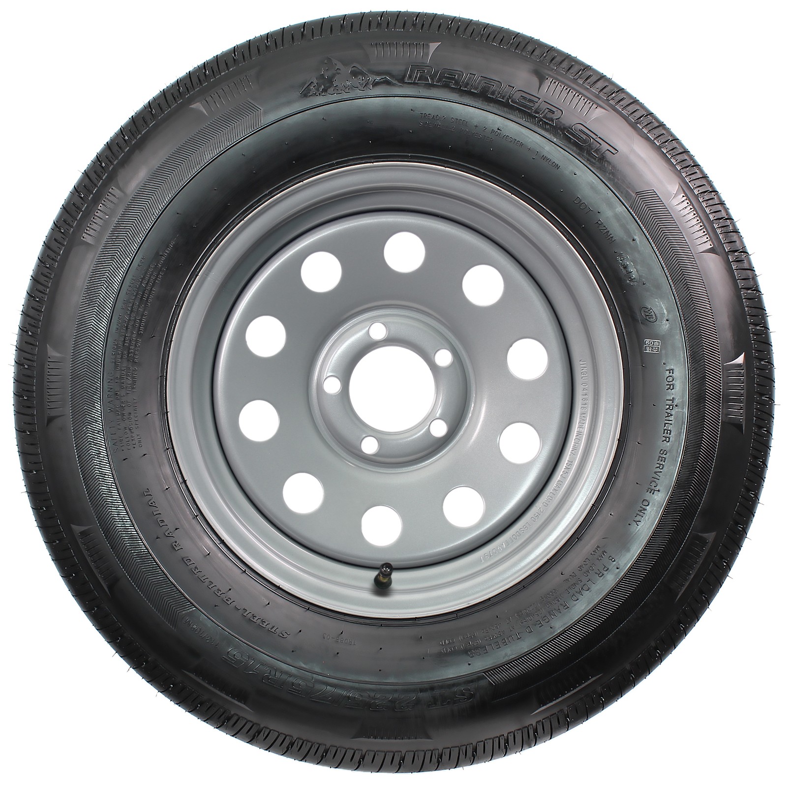 Radial Trailer Tire Rim Assembly ST225/75R15 15 Load D 5 Lug On 4.5 Silver Wheel