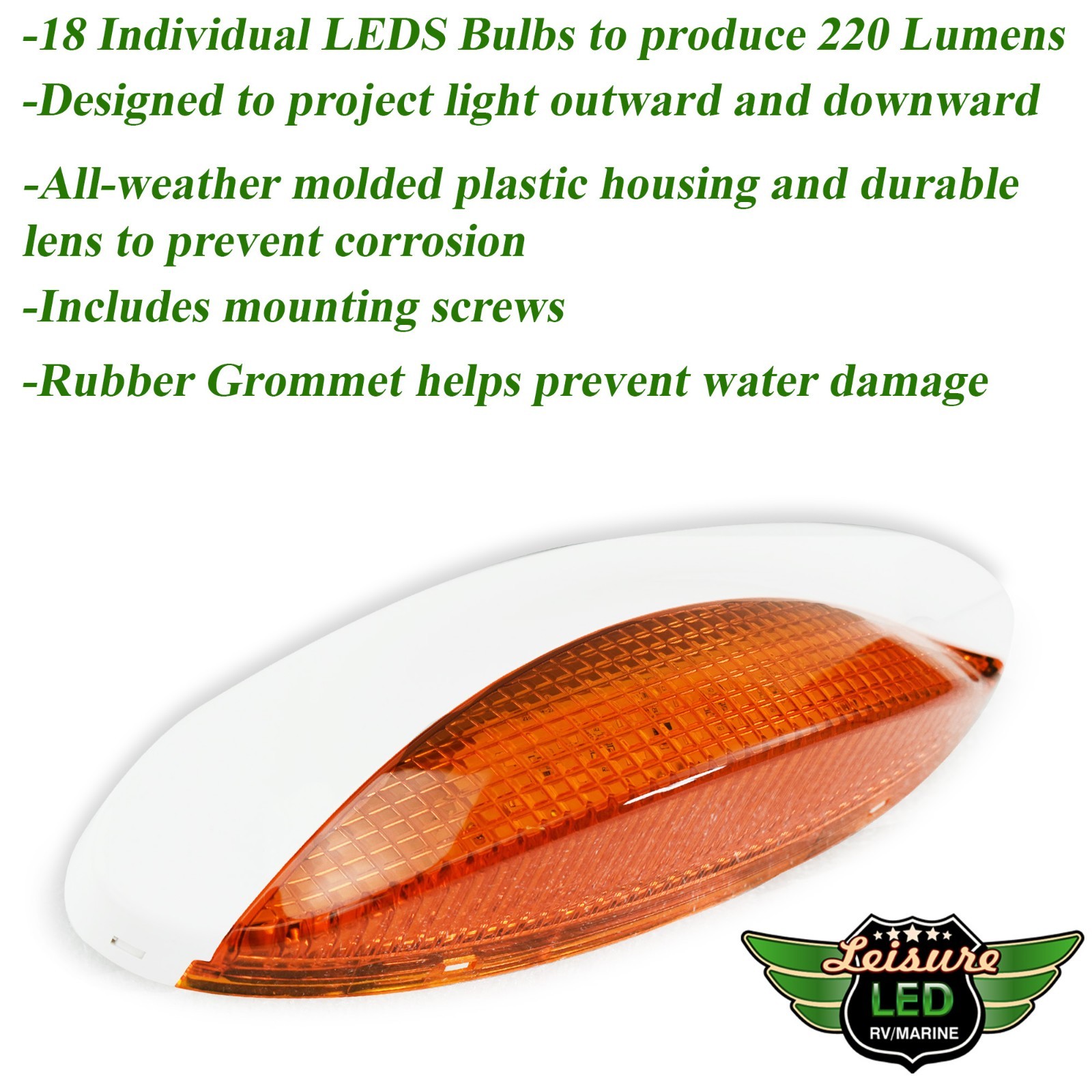 RV CAMPER TRAILER 12 VOLT 18 LED Porch Light oval Amber WITH White exterior
