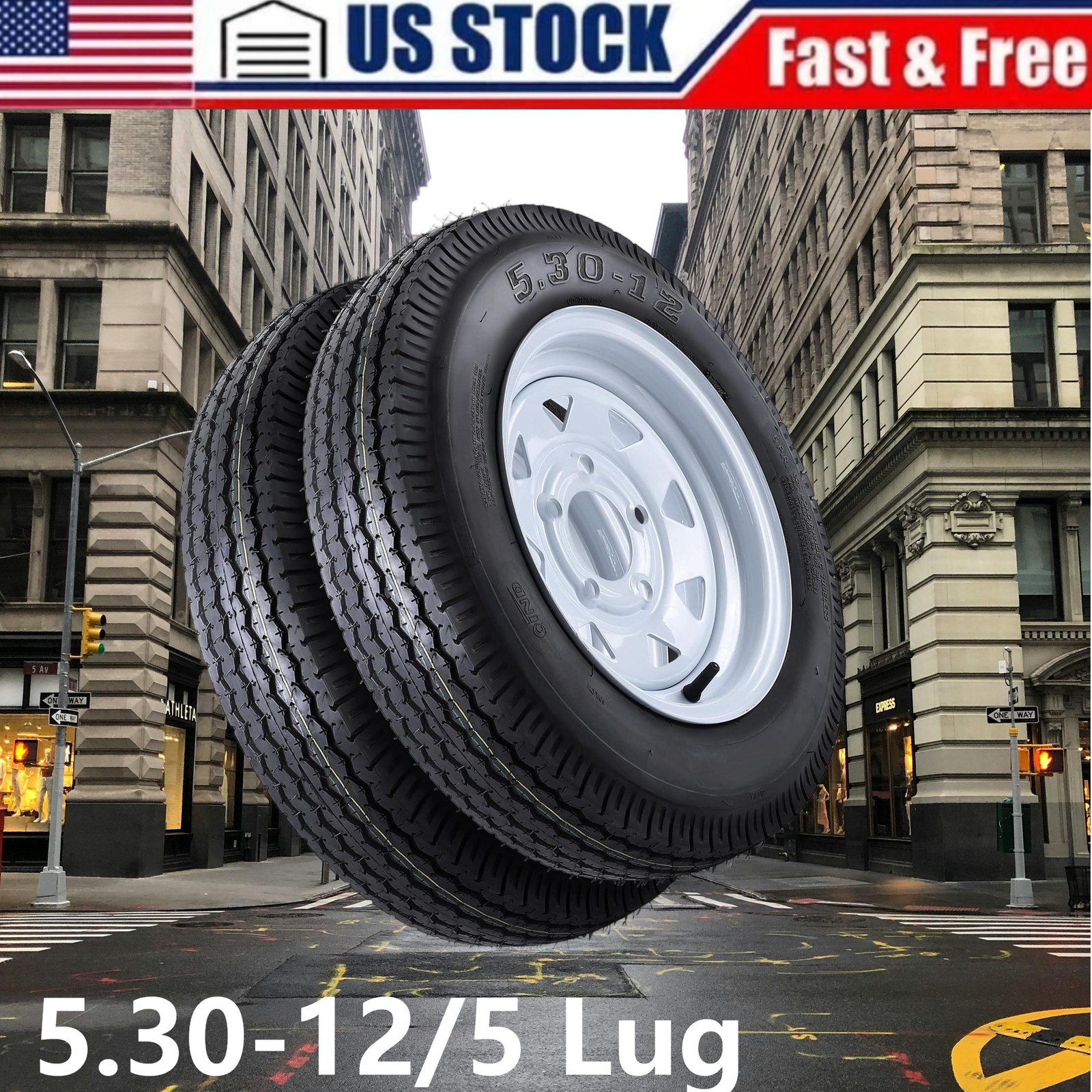 2 pcs 5.30-12 5.30×12 530-12 5.30-12 Trailer Tires with 12” Rims 5 Lug on 4.5”