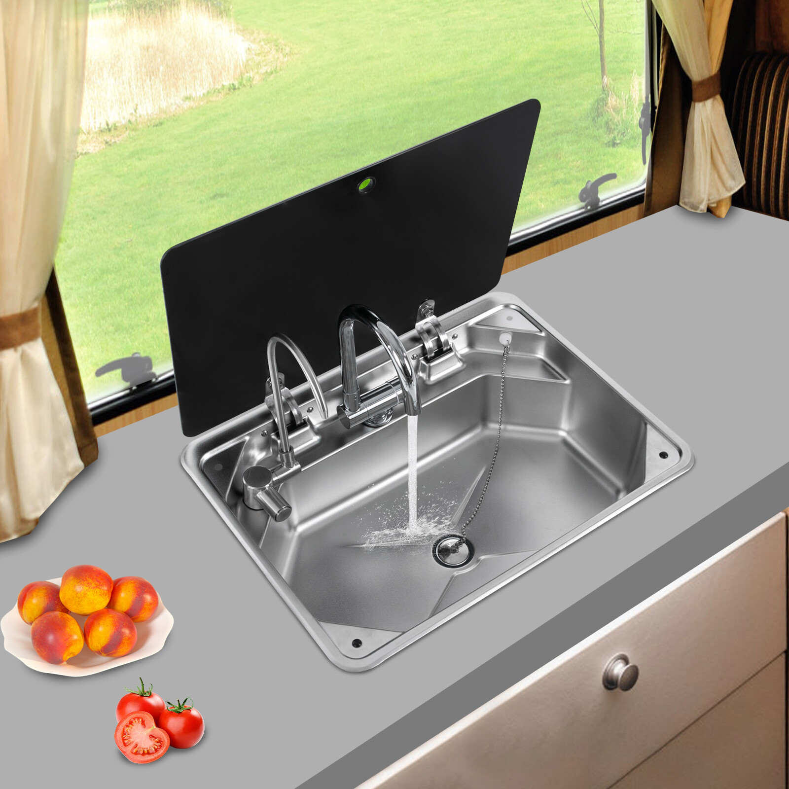 RV Sink Kitchen Sink with Hot&Cold Faucet and Tempered Glass Lid Stainless Steel
