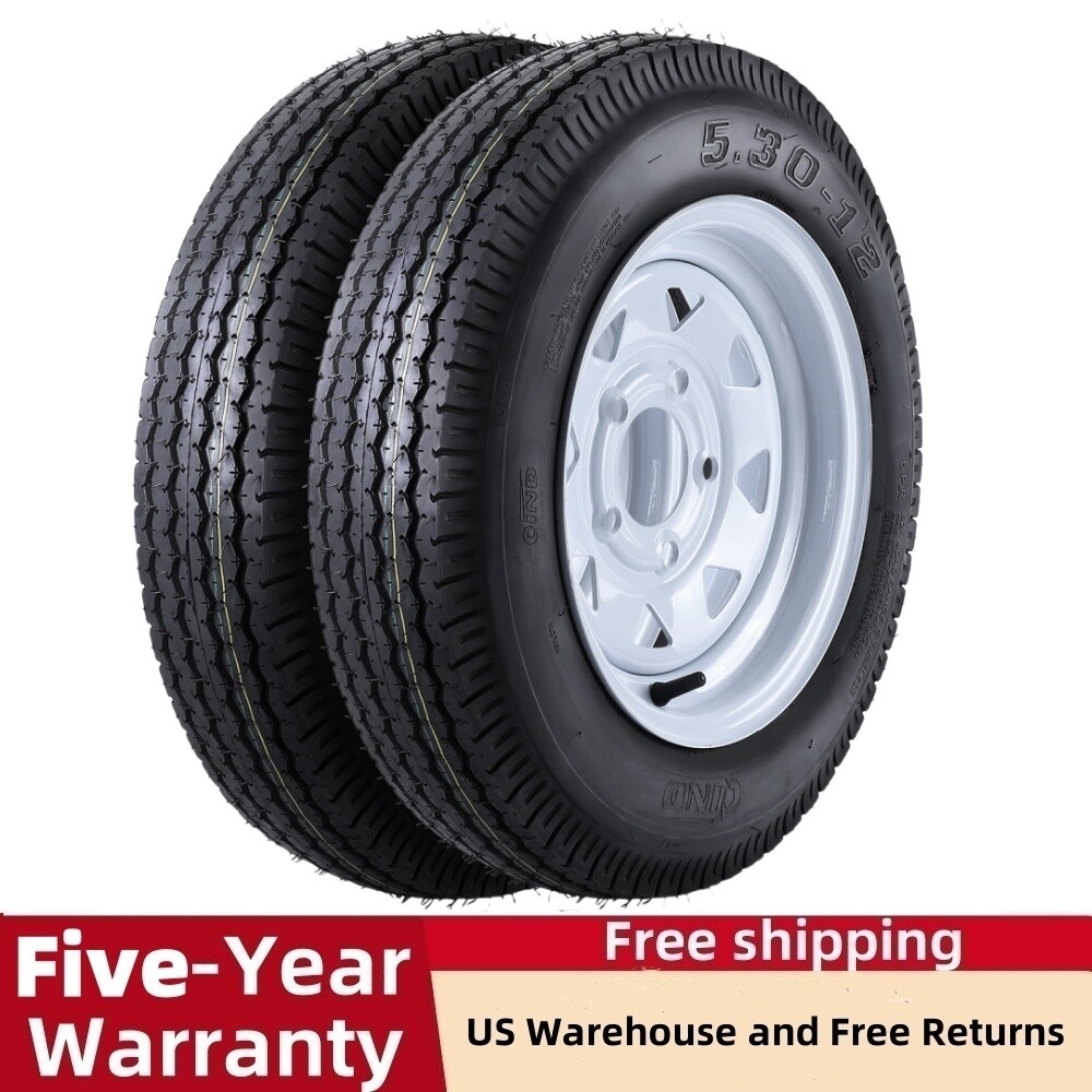 Set of 2 5.30-12 5.30×12 530-12 5.30-12 Trailer Tires with 12″ Rims 5 Lug on 4