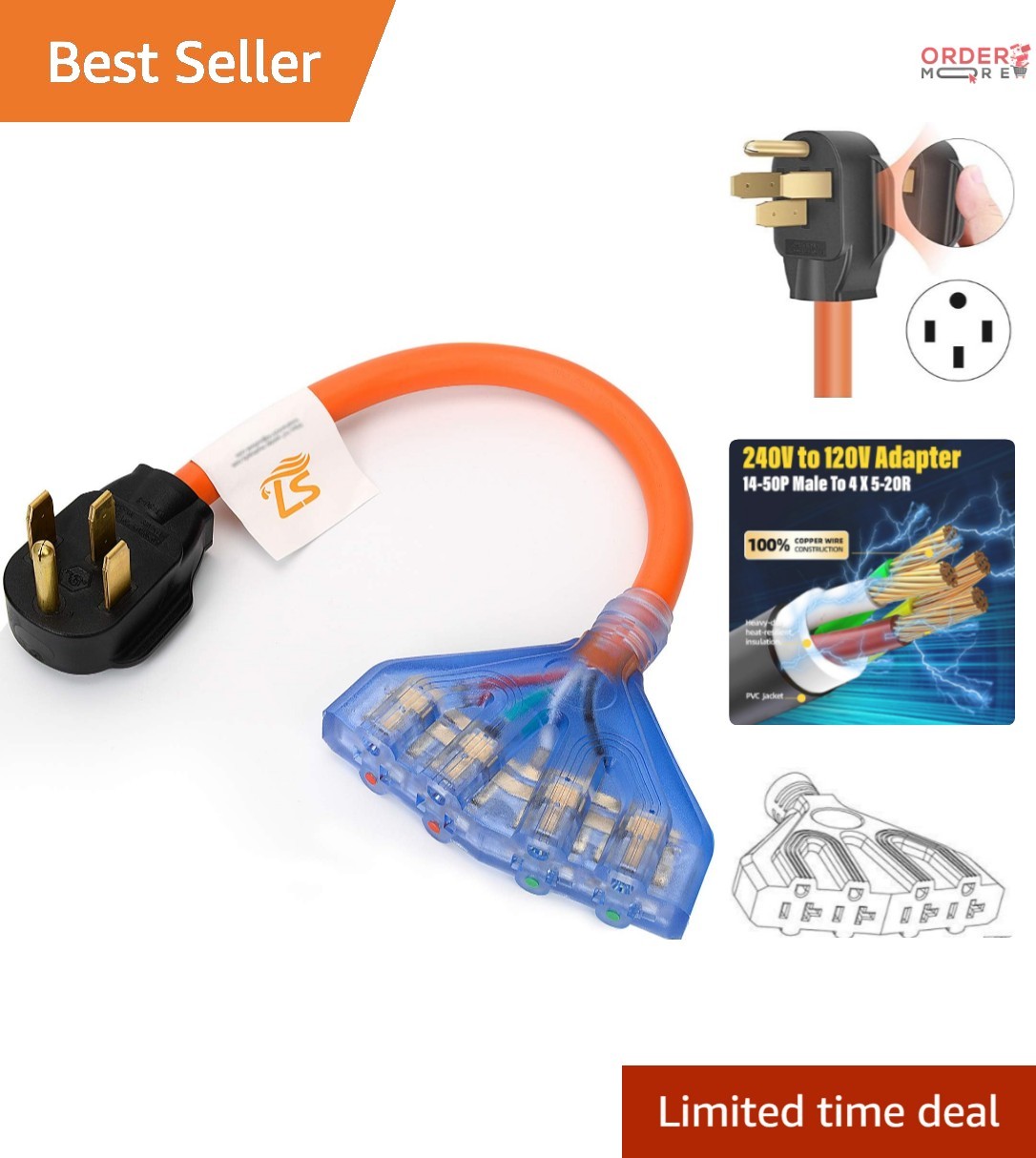 50Amp to 120V Adapter 4 Outlet NEMA 14-50P to 5-20R Flexible Cord