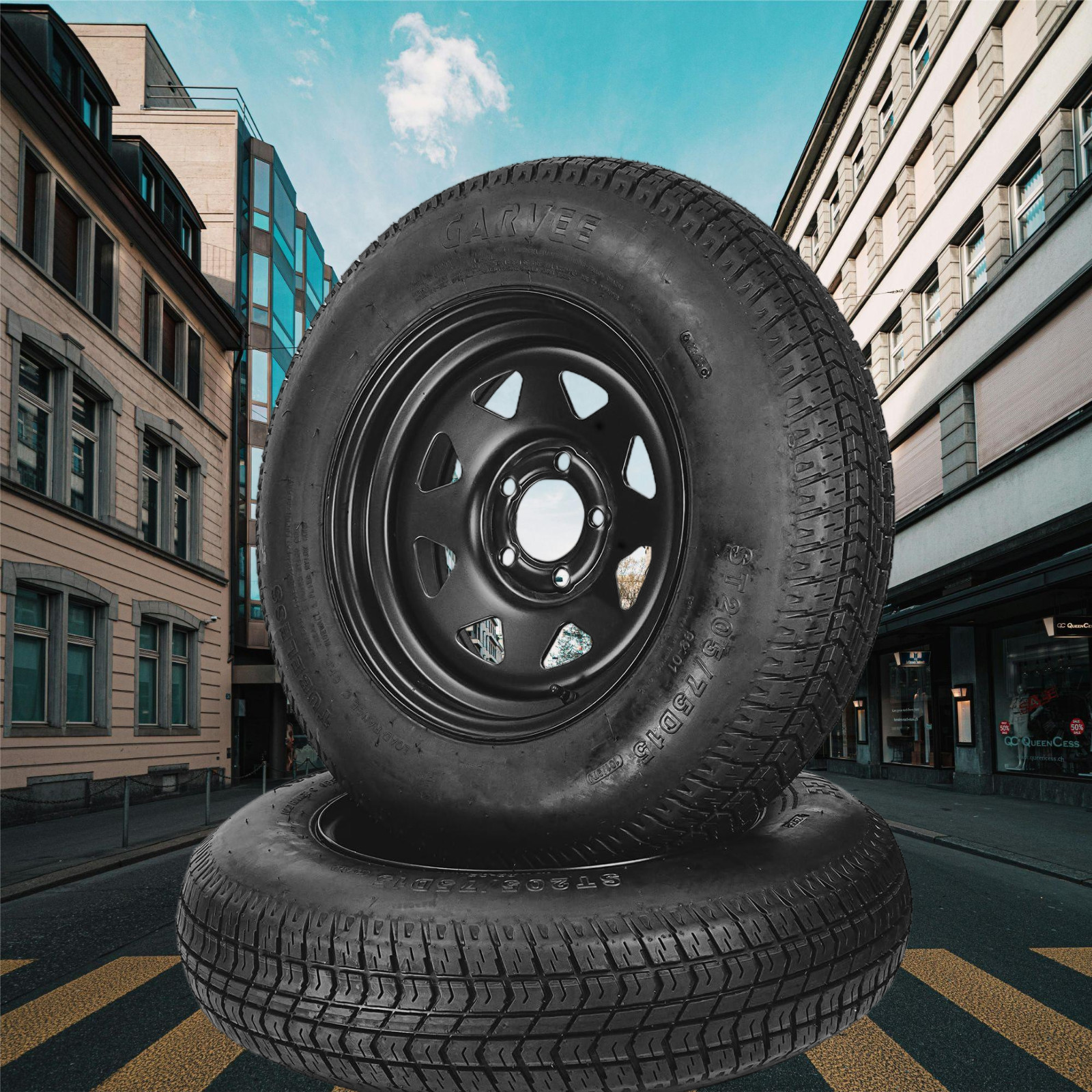 2-Pack ST205/75D15 Trailer Tires and Wheels with 15″ Rims 5 Lug on 4.5″ Black