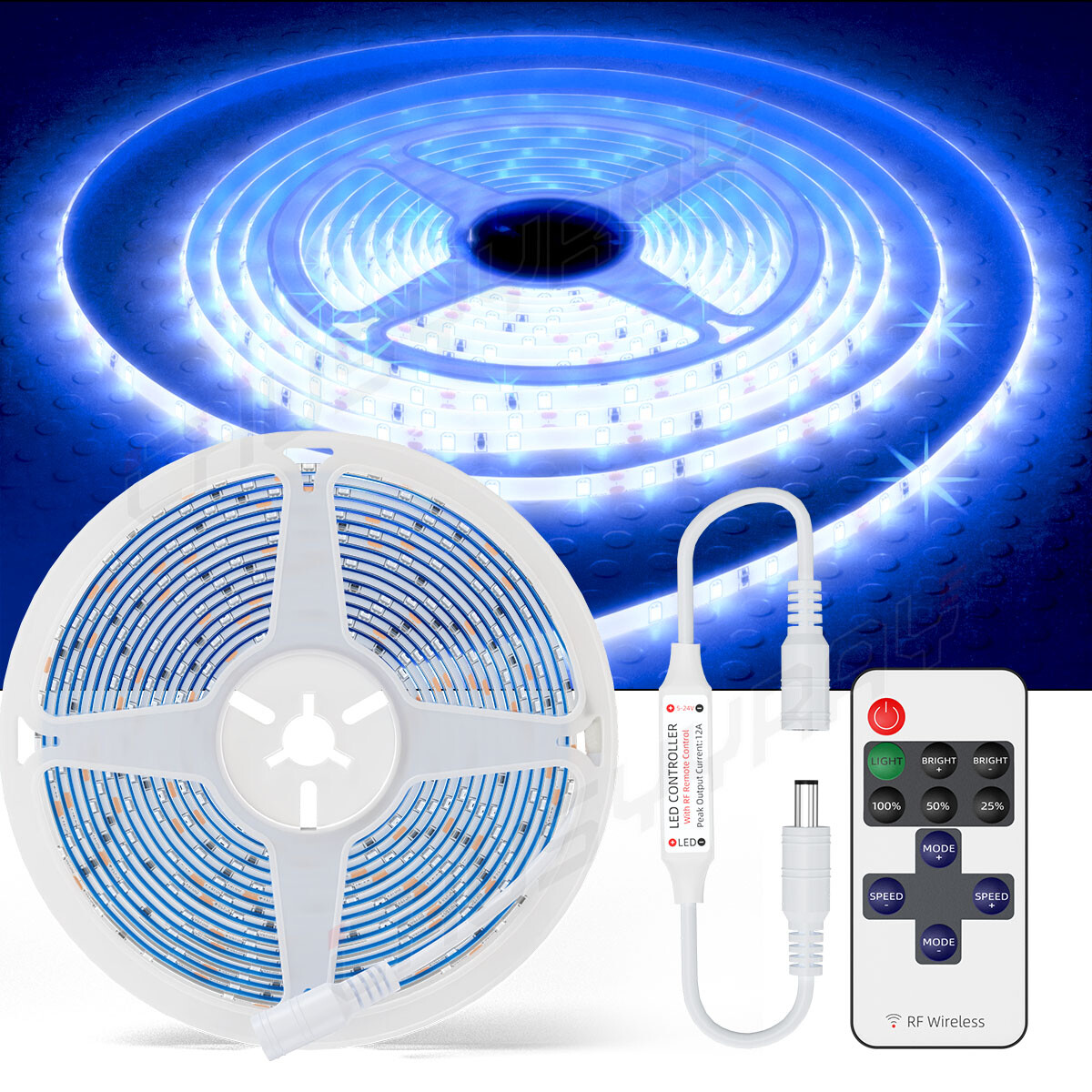 5M/16.4ft Blue 2835 SMD 300 LED Strip Light Flexible IP65 Waterproof 12V DC