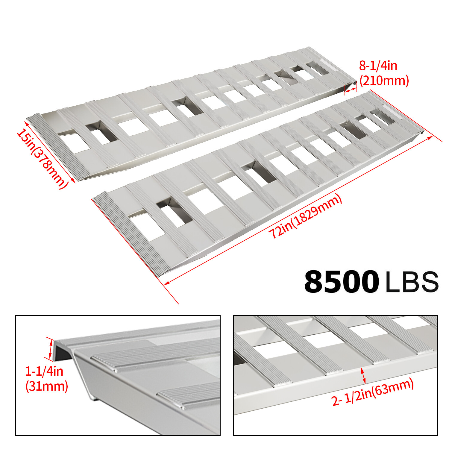 72″x15″ Pair Aluminum 8500 LBS Hook Ramps Car Truck Trailer Auto Hauler Tractor