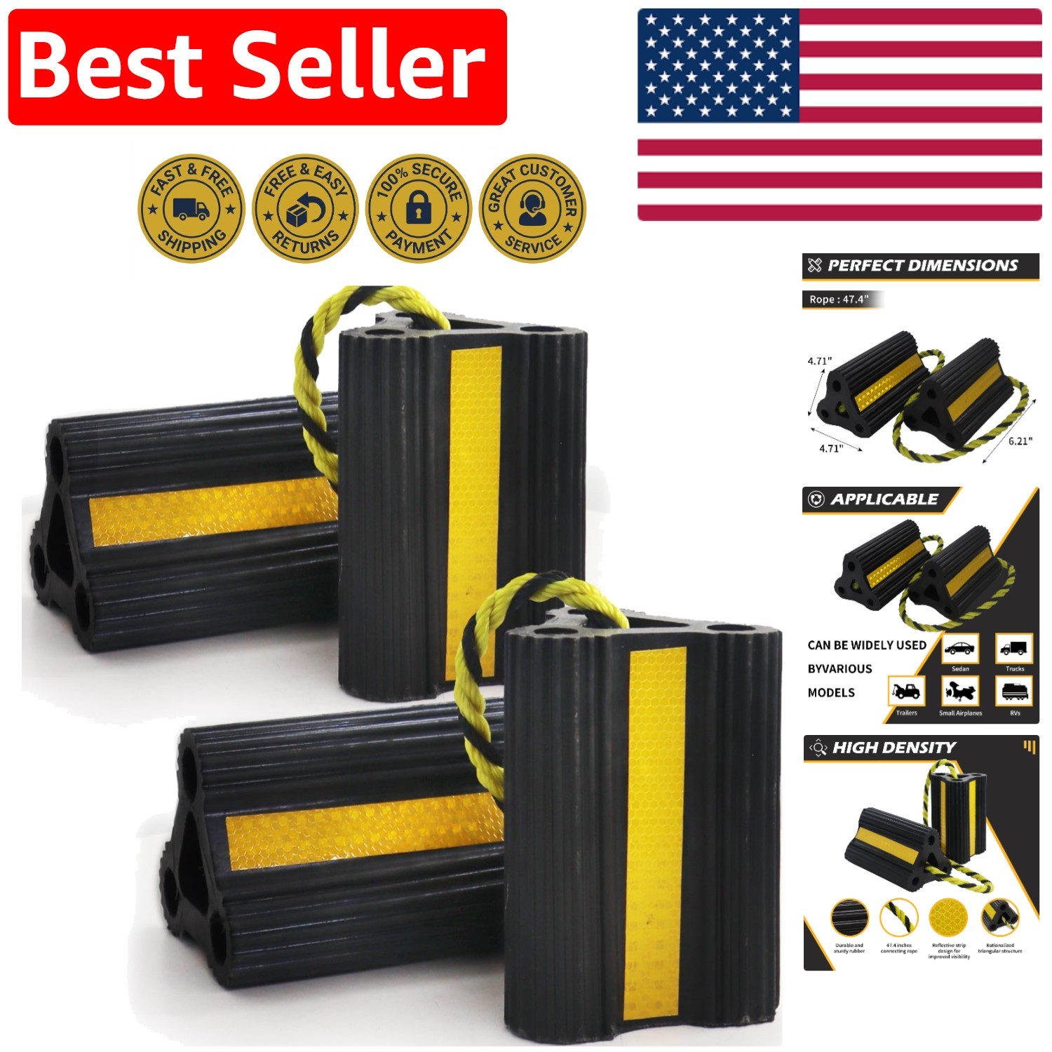 Heavy-Duty Non-Slip Wheel Chocks – 4 Pack with Reflective Strips for Safety
