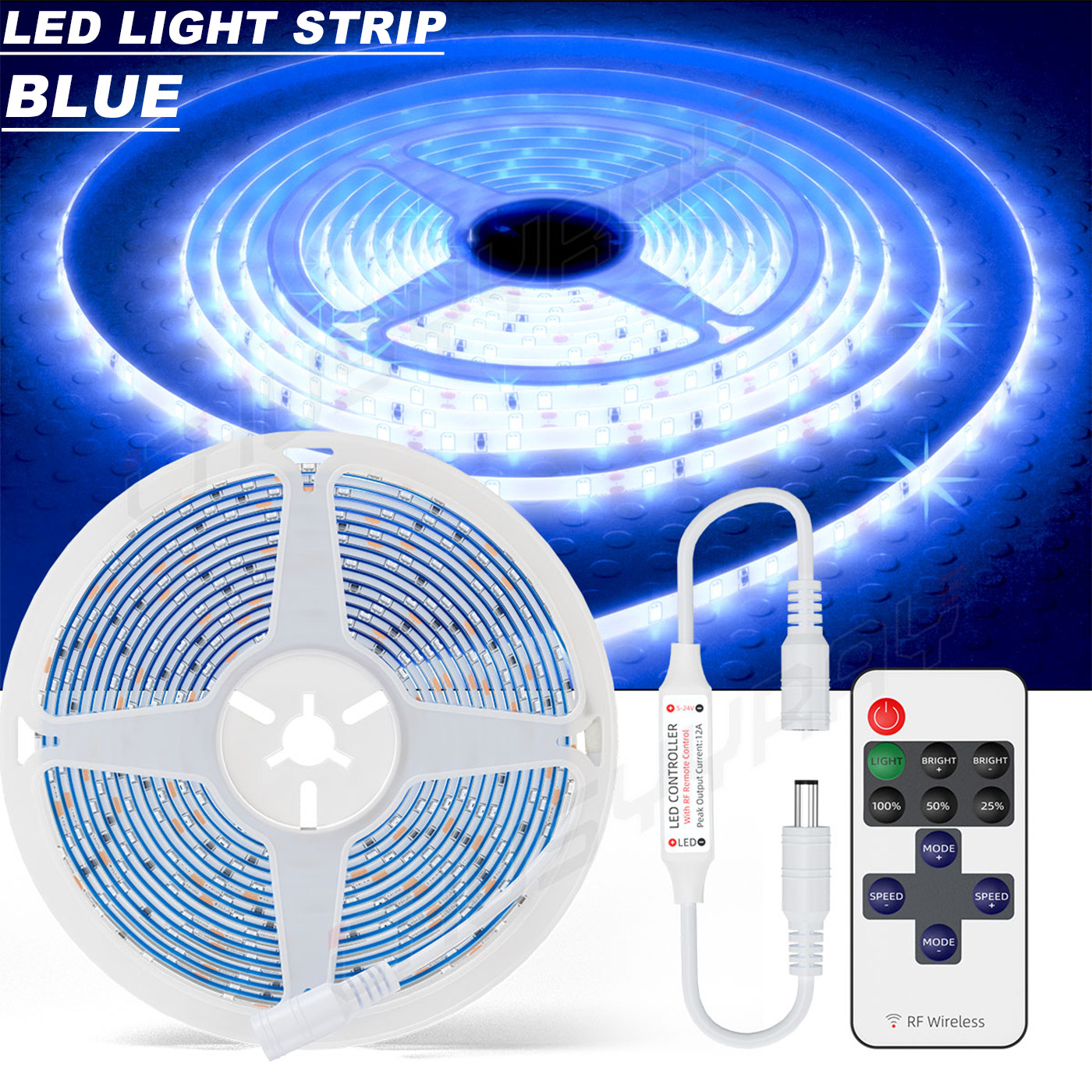 5M/16.4ft Blue 2835 SMD 300 LED Strip Light Flexible IP65 Waterproof 12V DC