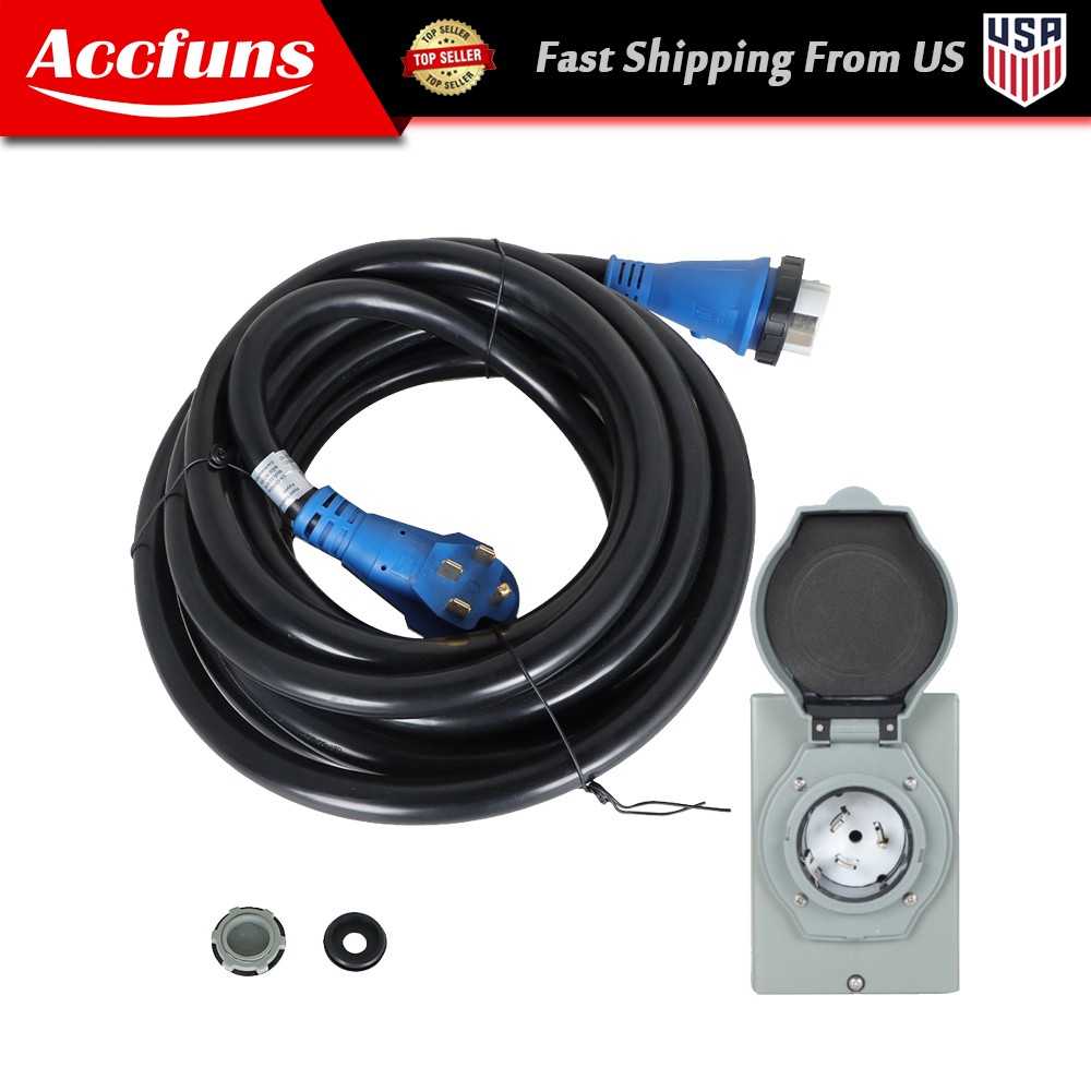 30FT 50Amp RV Extension Cord + Power Inlet Box Combo Kit Twist Lock & LED New
