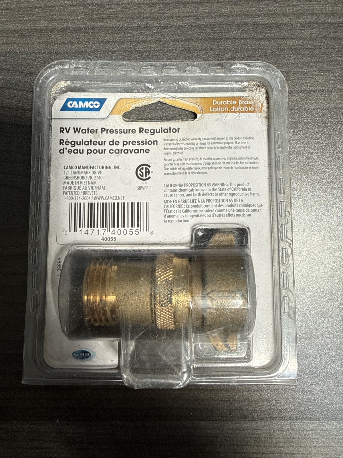 Camco #40055 – Brass RV Water Pressure Regulator – NEW.