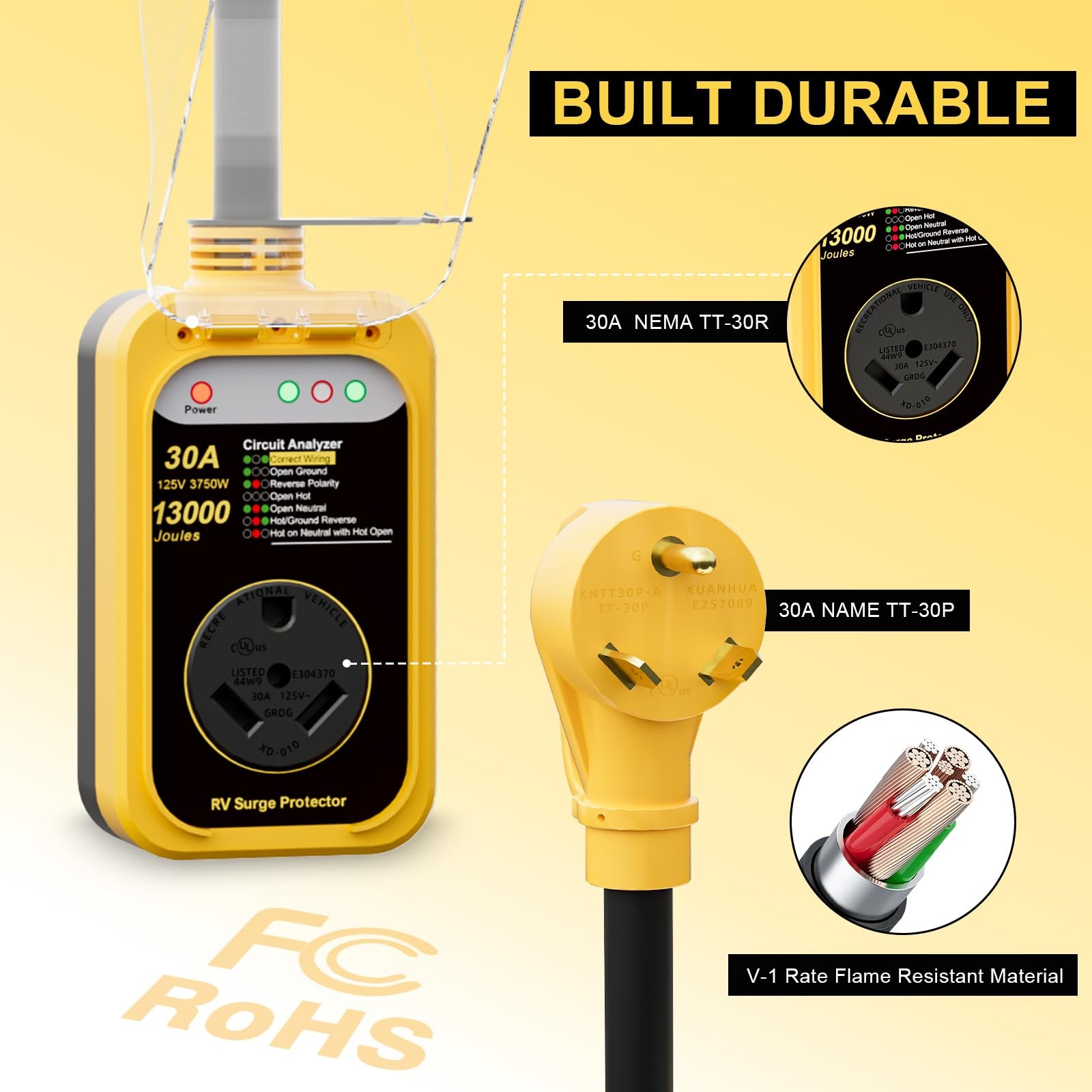 30 Amp RV Surge Protector, 13000 Joules Circuit Analyzer with Waterproof Cover