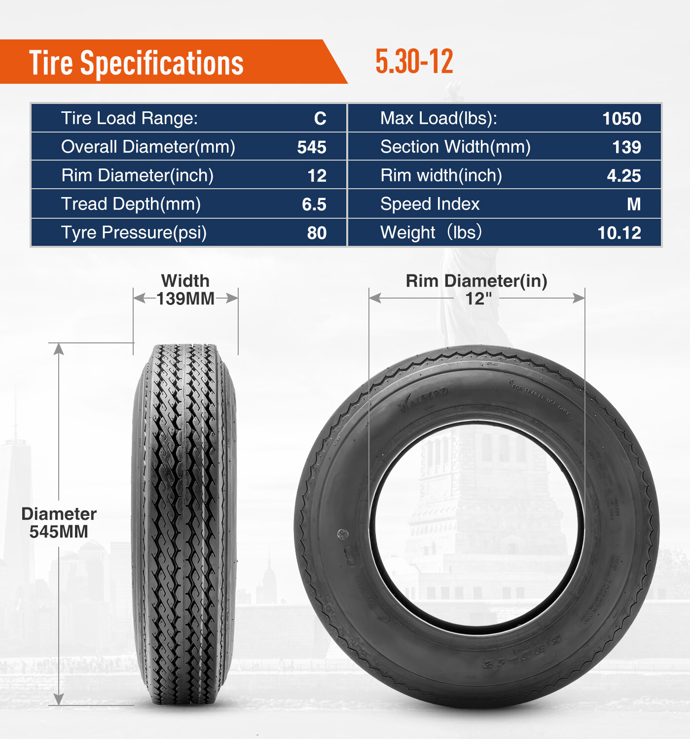 5.30-12 530-12 5.30-12 Trailer Tire 6 PLY LOAD C Replace Trailer Service Tires