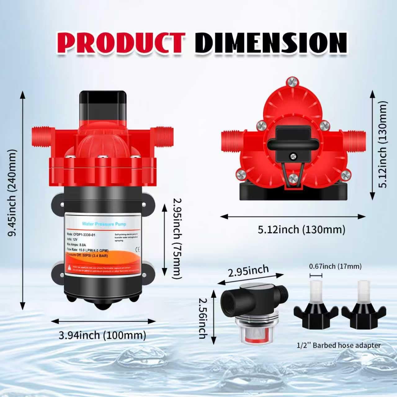Bomba de Presión de Agua Diafragma 12V 4.0GPM 50PSI Autocebante RV Barco Camper