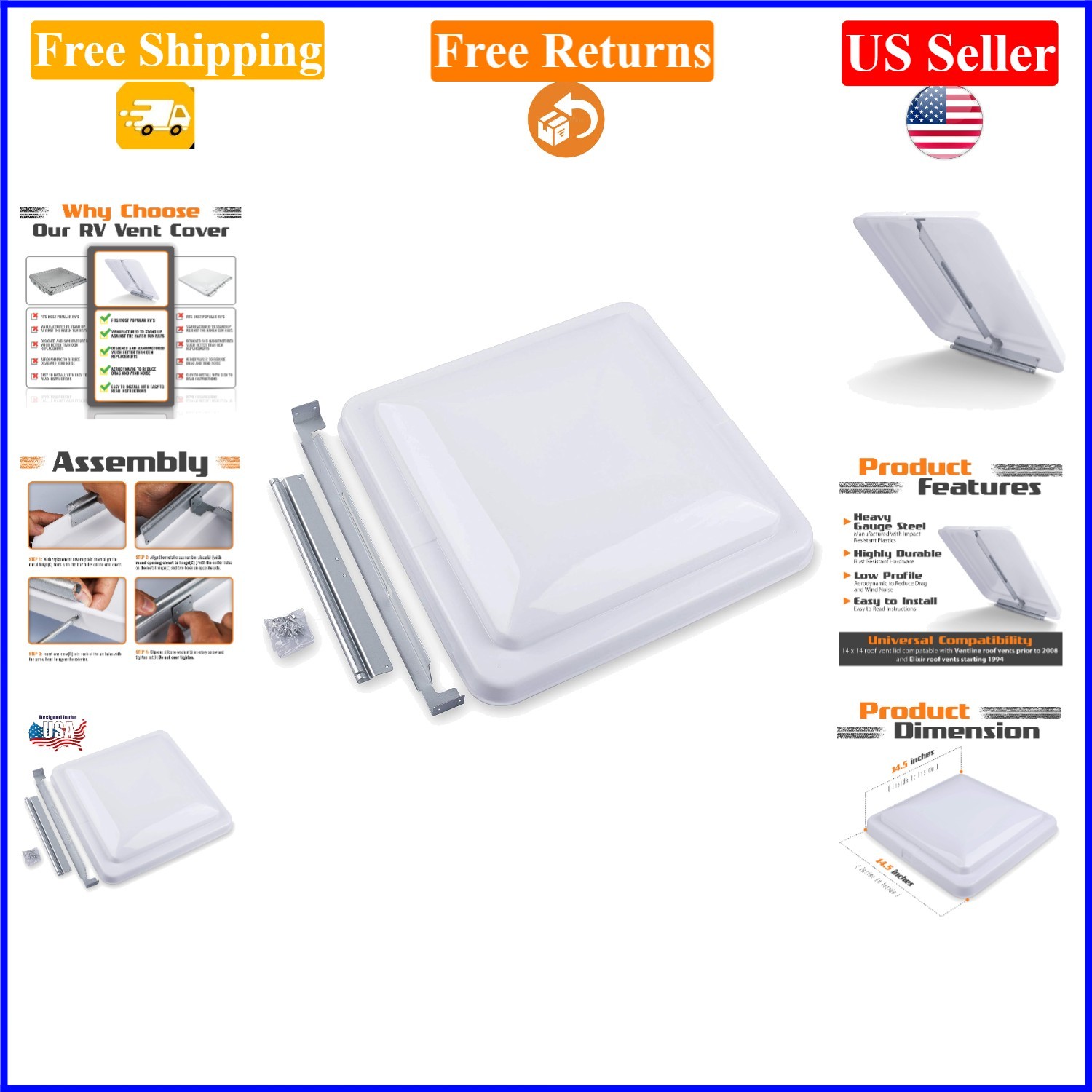 14.5″ White Universal RV Roof Vent Cover for Trailers & Campers