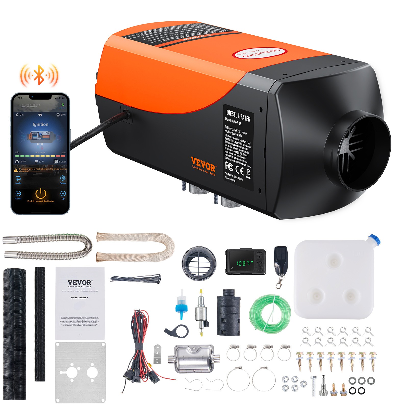 VEVOR Diesel Air Heater 12V 8KW Bluetooth App LCD Display for Car Bus RV