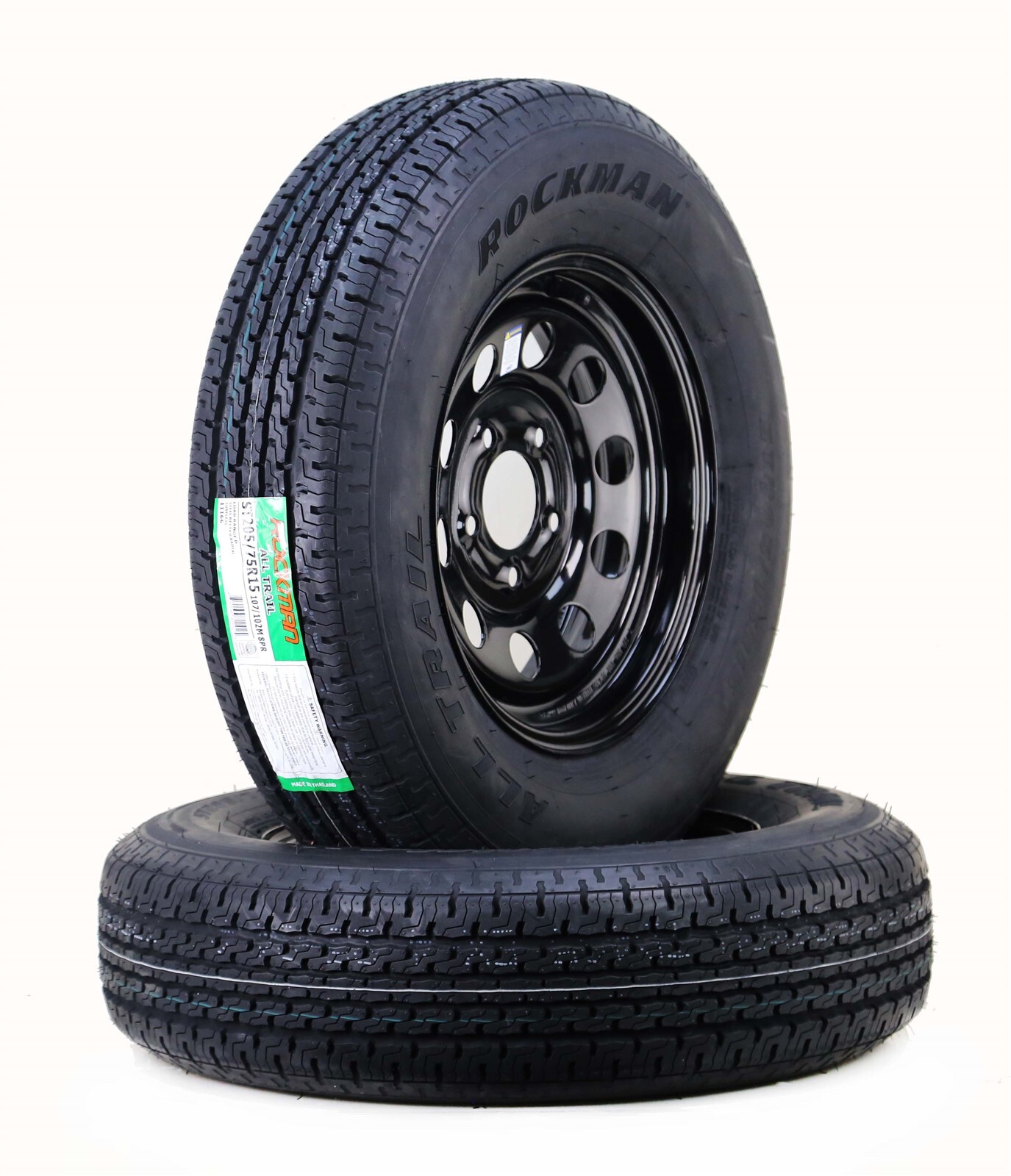 2 ROCKMAN Trailer Tire Rim ST205/75R15 8-Ply D 107M 5 Lug on 5″ Black Mod Rim