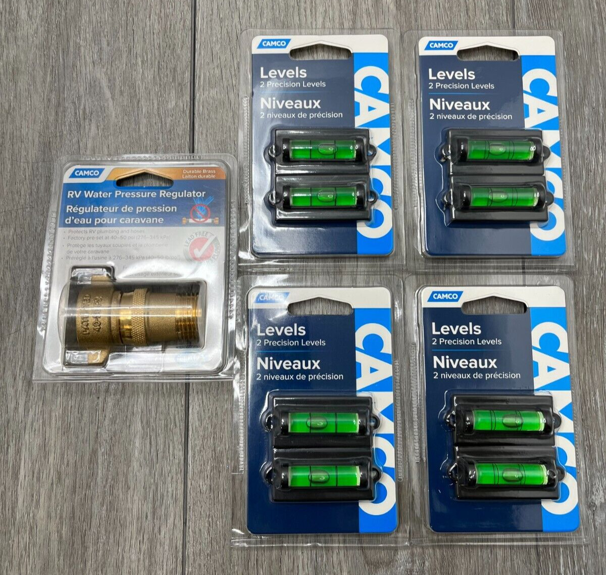Lot of 5 Camco RV Accessories: 1 Water Pressure Regulator, 4 Level Packs