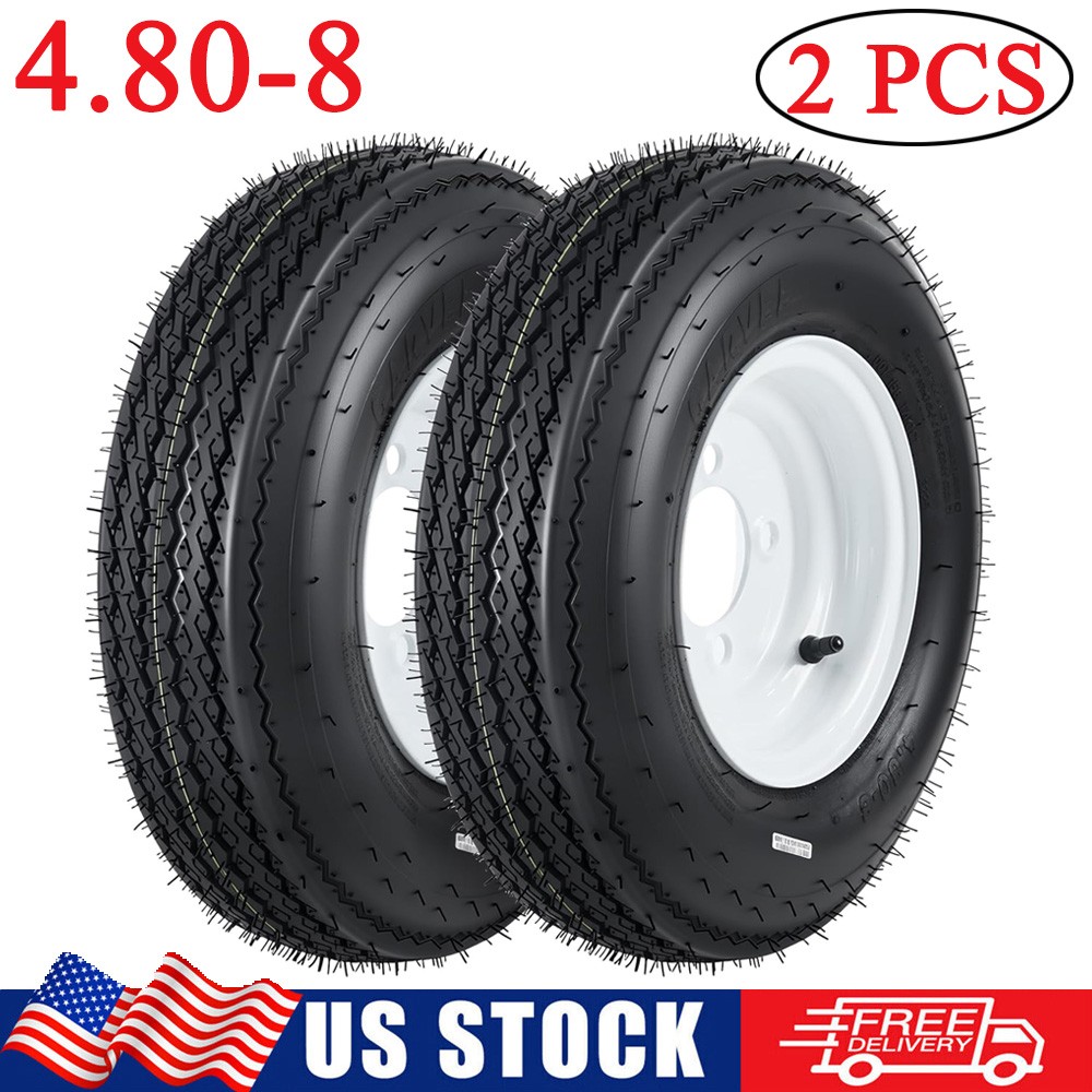2 Pack 4.80-8 Trailer Tires with 8″ Rims 4.80×8 480-8 4.80-8 4 Lug White Wheels