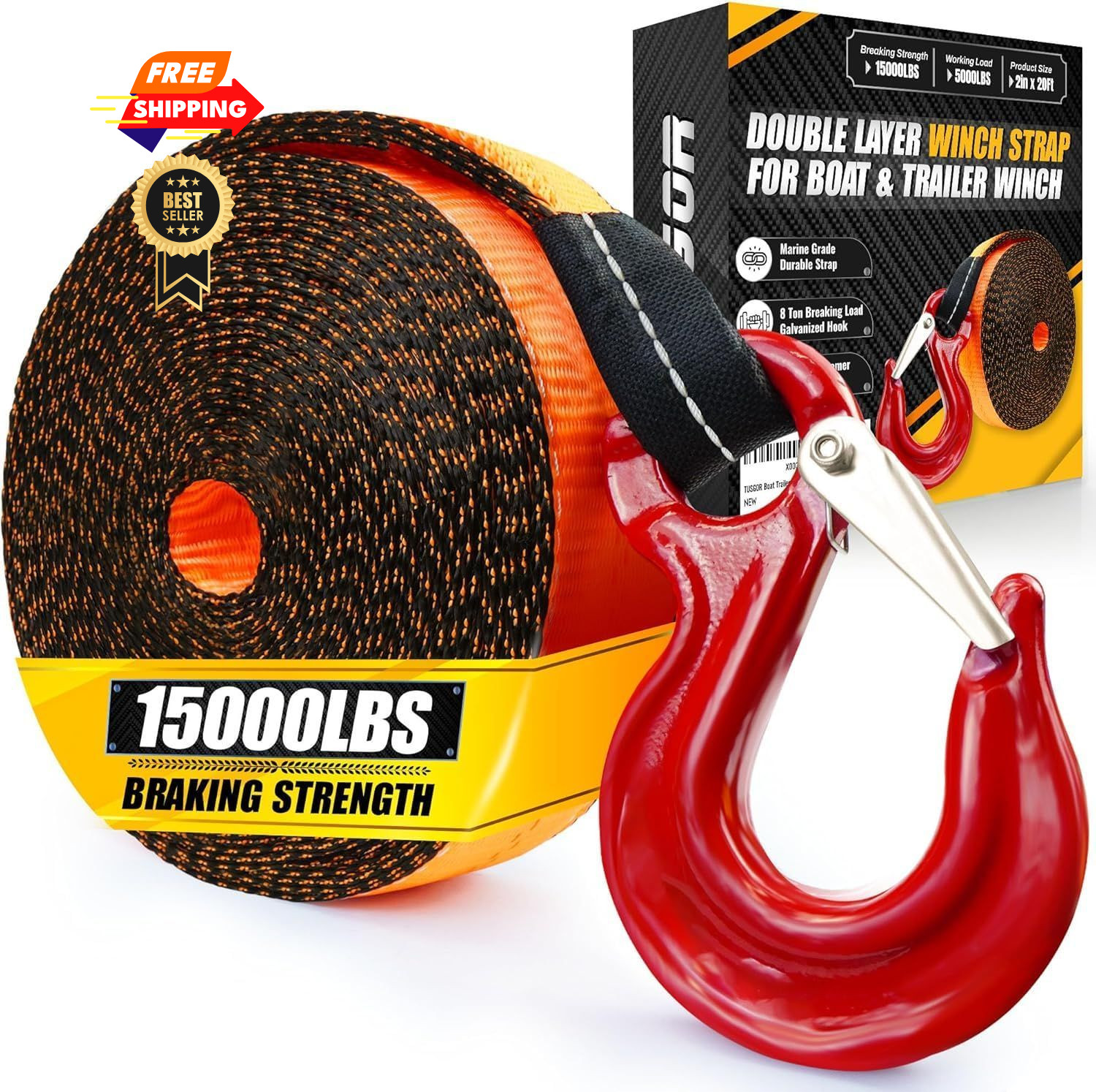 [PREMIUM] Boat Trailer Winch Strap With Supper Steel 2″x20′, Black & Orange