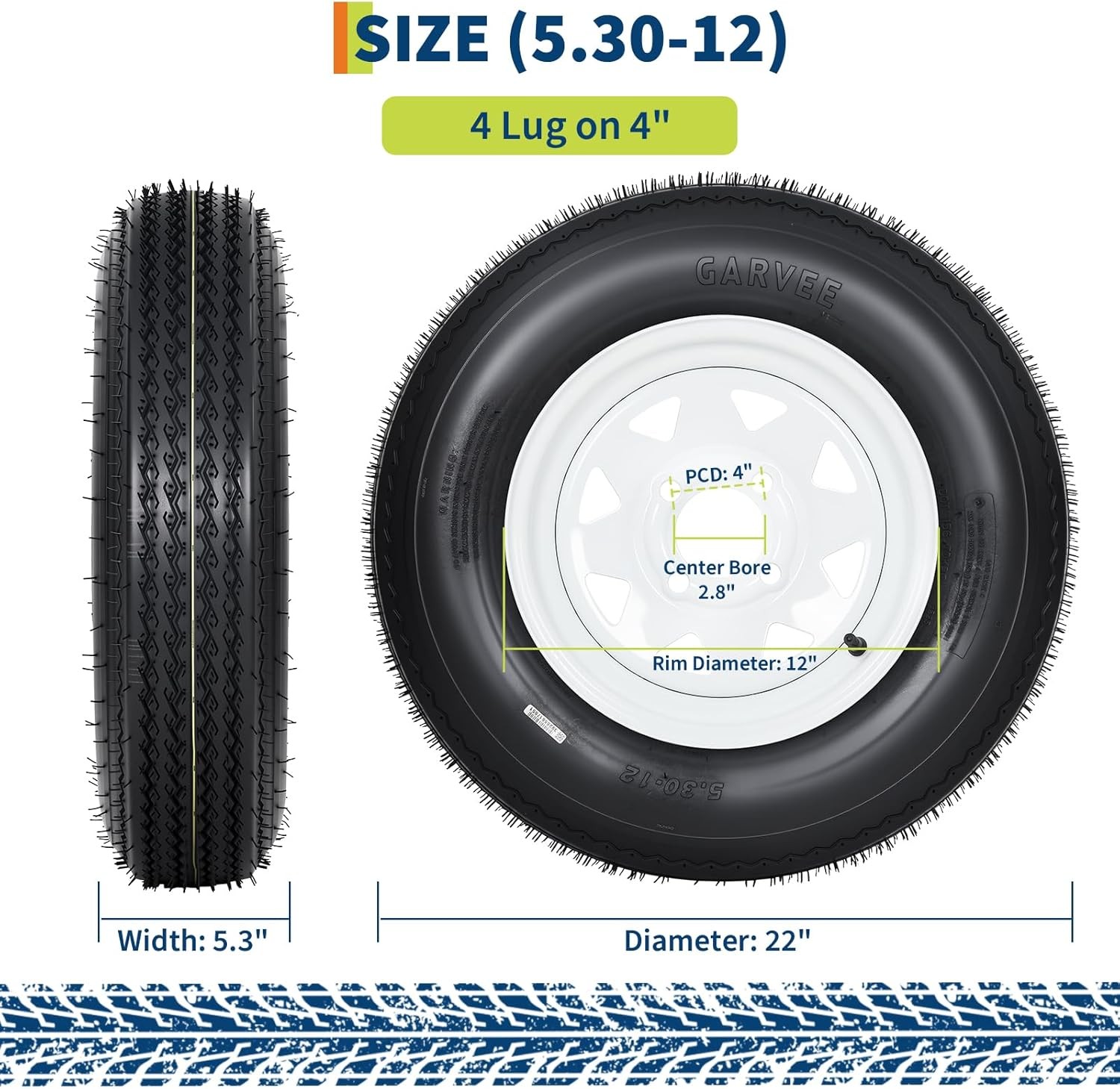 2-Pack Trailer Tires on Rims 5.30-12, 4 Lug White Wheels, 1050 lbs Load Capacity