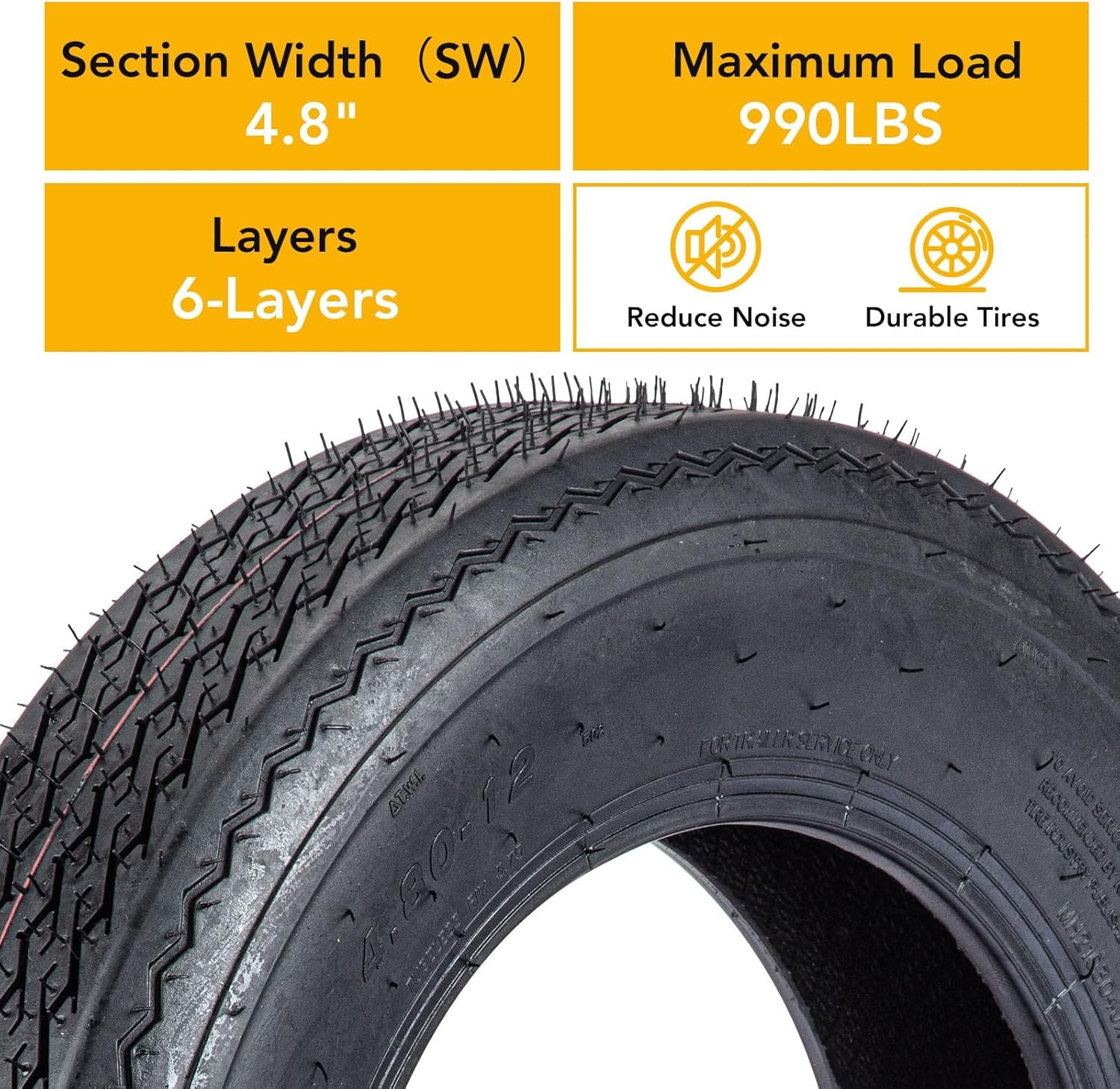 Set of 2 4.80-12 Trailer Tires 6PR Load Range c, Max Load 990 LBS 90 PSI, Noise-