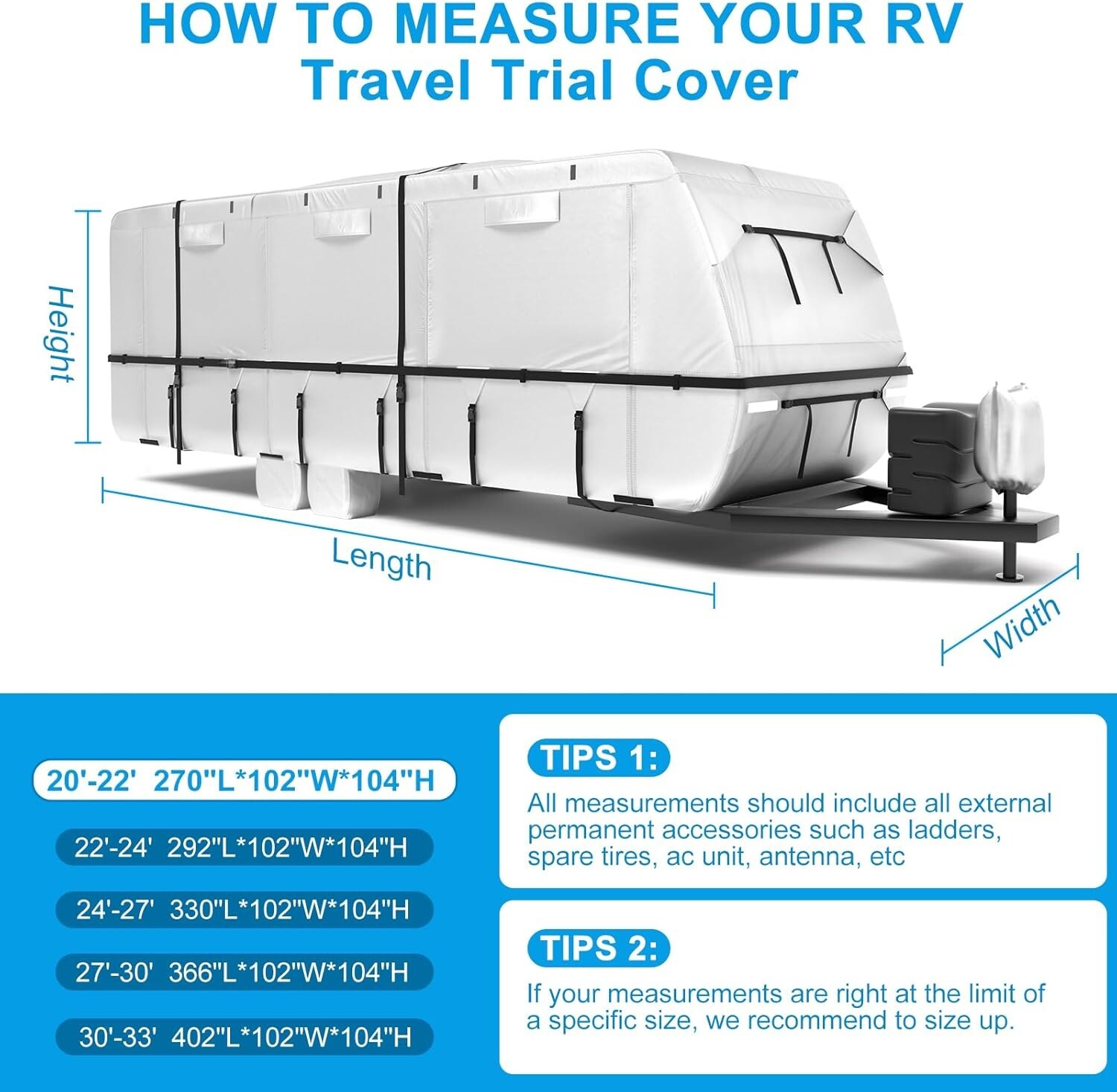 Travel Trailer RV Cover 20’–22’ Heavy-Duty Waterproof, Windproof & UV-Resistant