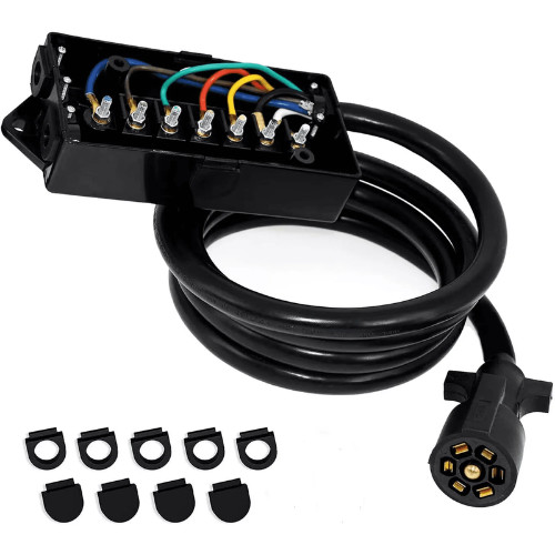 7 Way Inline Plug w/Junction Box Cord 8FT Trailer Wiring Harness Kit