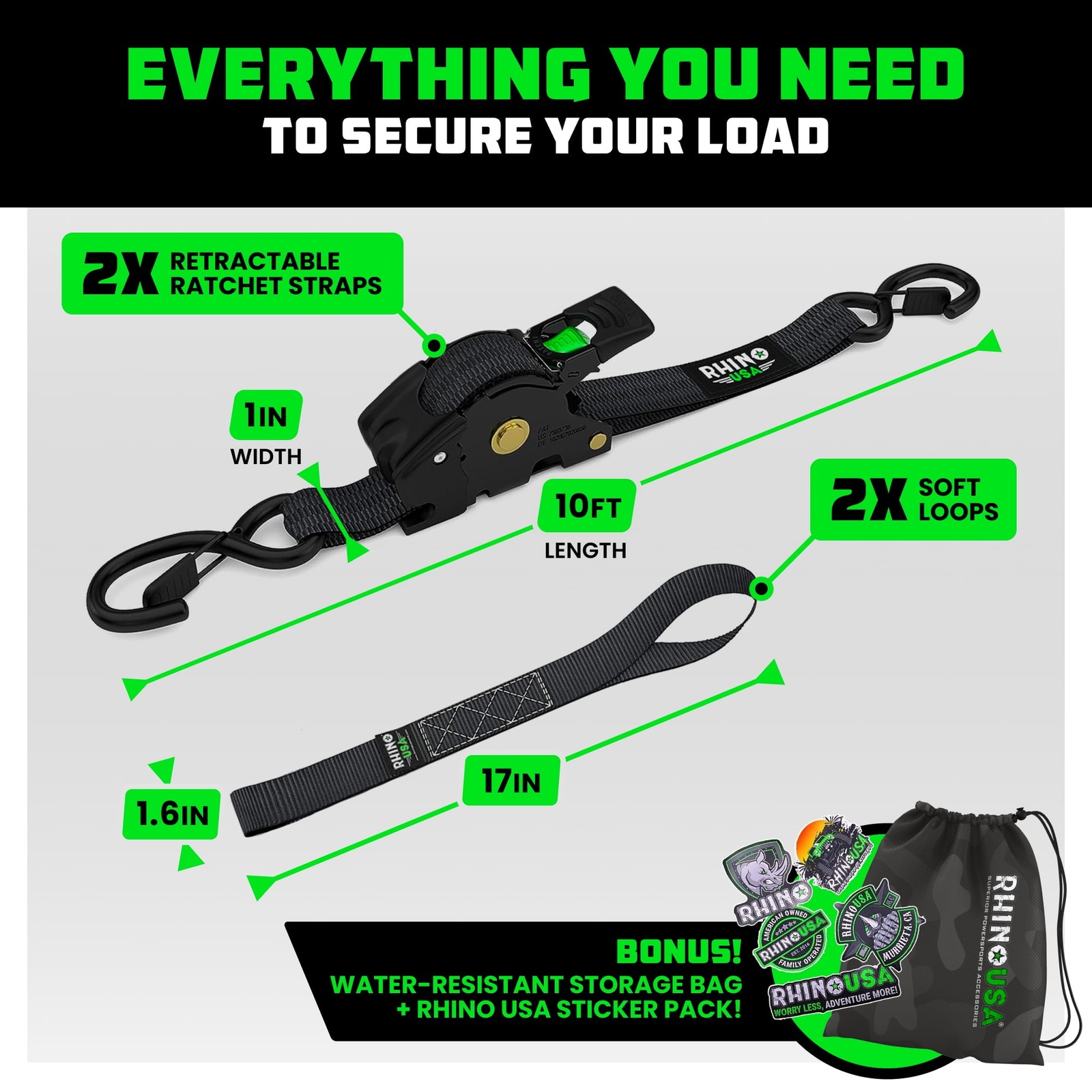 Rhino USA Retractable Ratchet Tie Down Straps, 4-Pack, 1 Inch x 10 Feet, 1,209