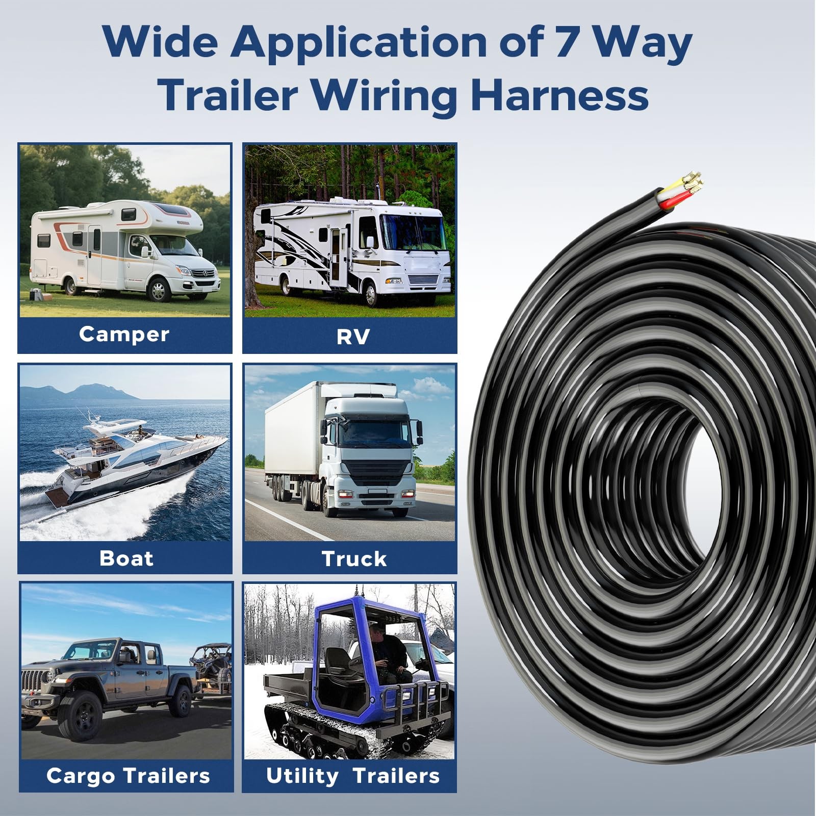 Lcrslitx 50FT 7 Way Trailer Wire, 14 Gauge 7 Conductor Wiring 50 FEET, Black
