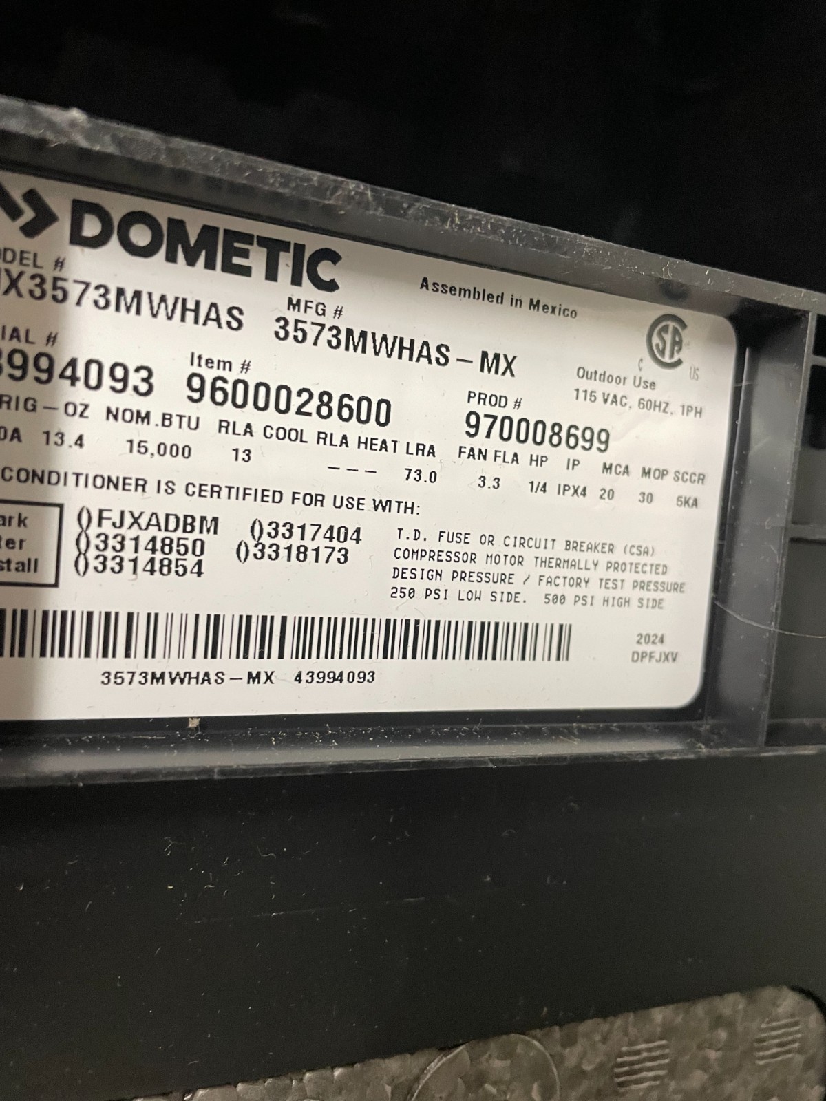 DOMETIC FRESHJET 3 AIR CONDITIONER UNIT FJX3573MWHAS 15,000 BTU RV