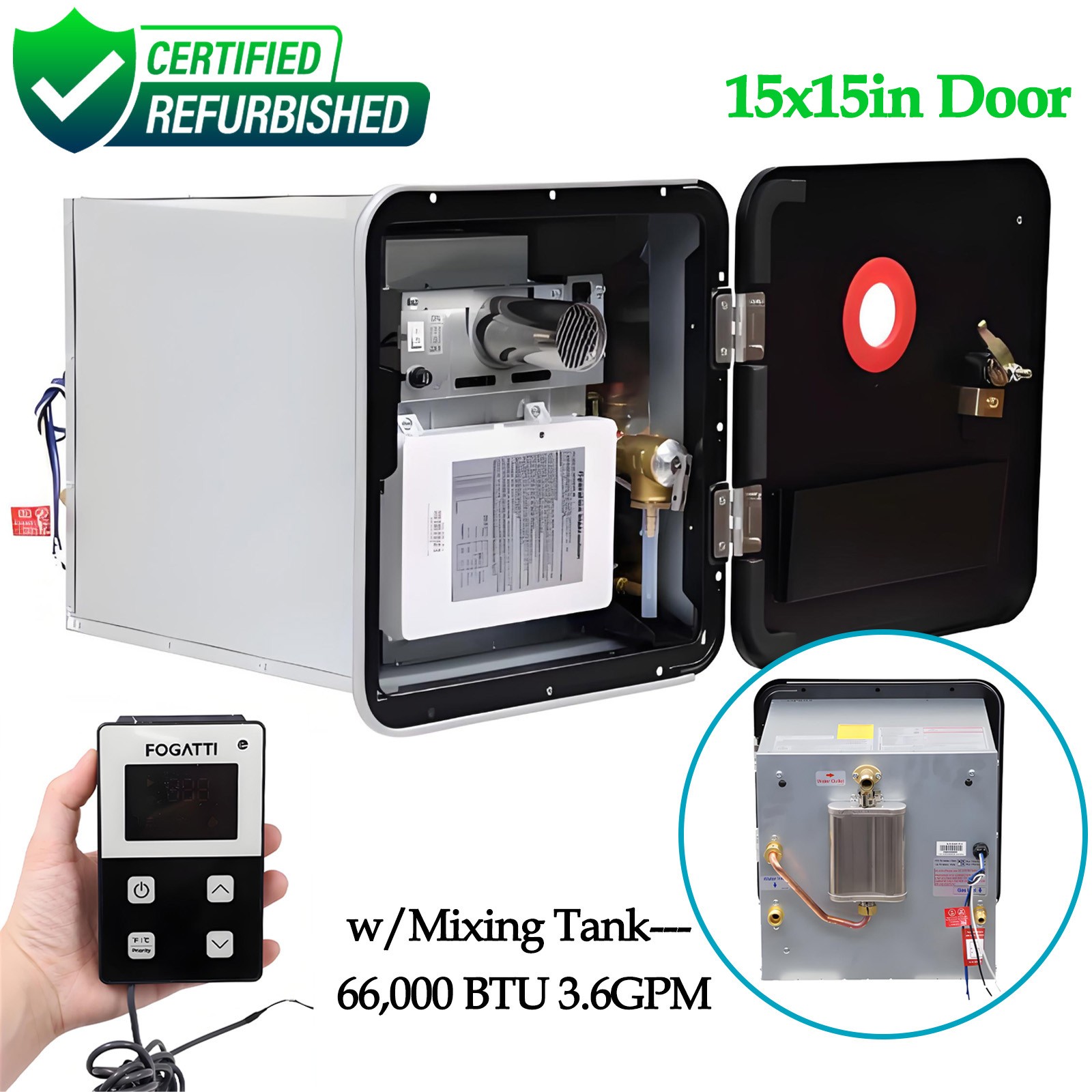 Used 66,000 BTU RV Tankless Water Heater 3.6 GPM InstaShower 9 Pro 15×15 Door