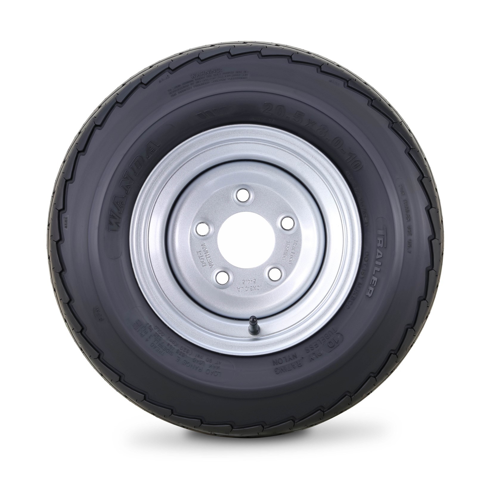 WANDA Trailer Tire & wheel 20.5×8-10 10-Ply w/5 Lugs on 4.5″ PCD Silver Rim