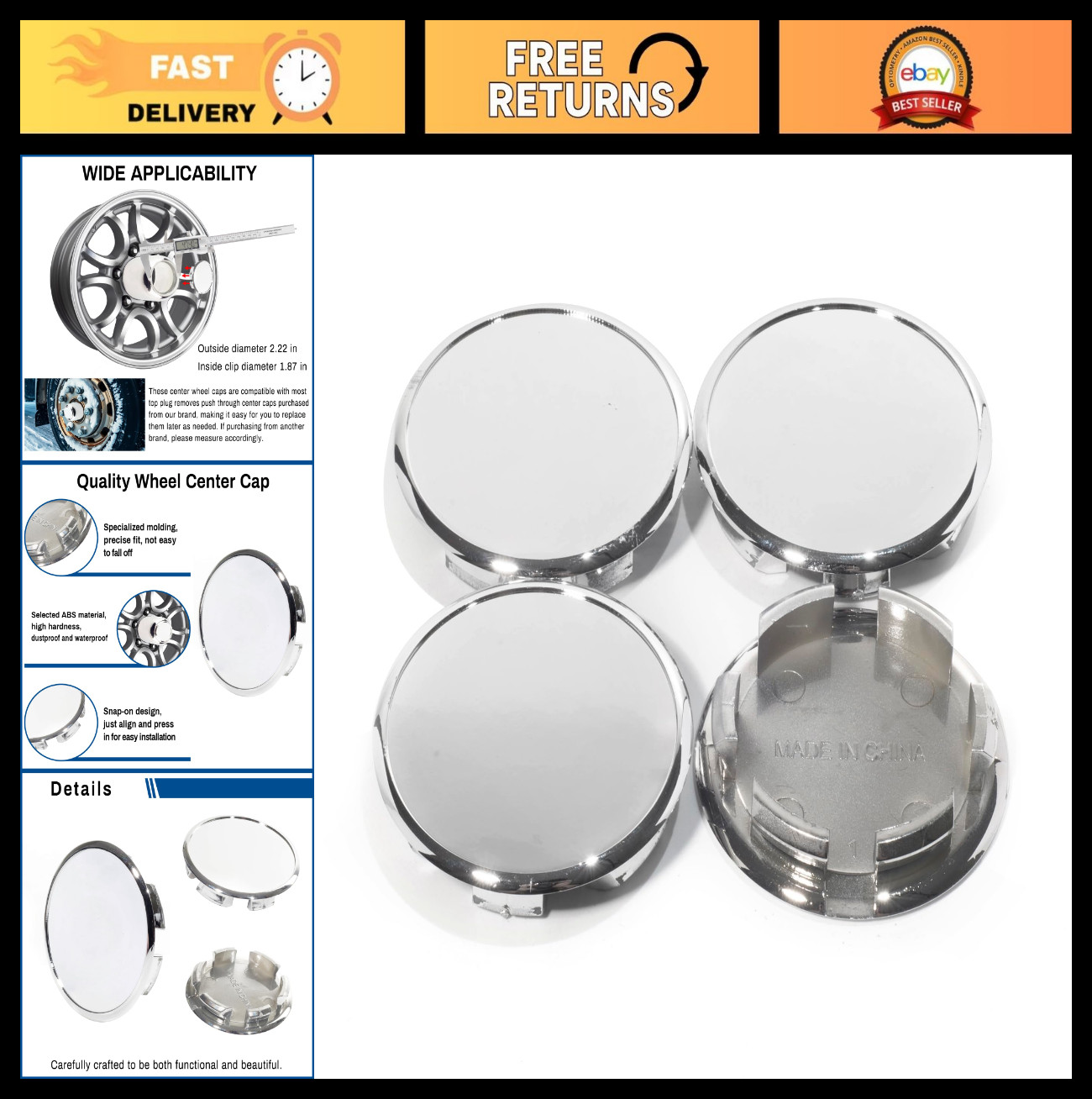 4PCS Chrome Open End Plus Plug Center Caps for Trailer RV EZ Lube Replacement, 2
