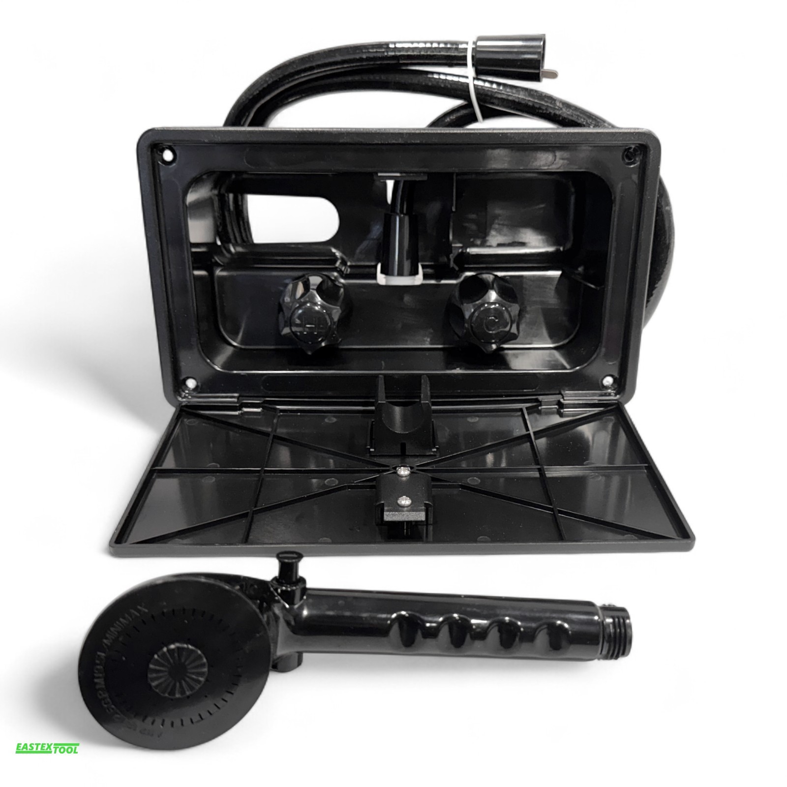 RV EXTERIOR SHOWER BOX KIT , BLACK UTILITY SHOWER WITH HOSE AND HEAD