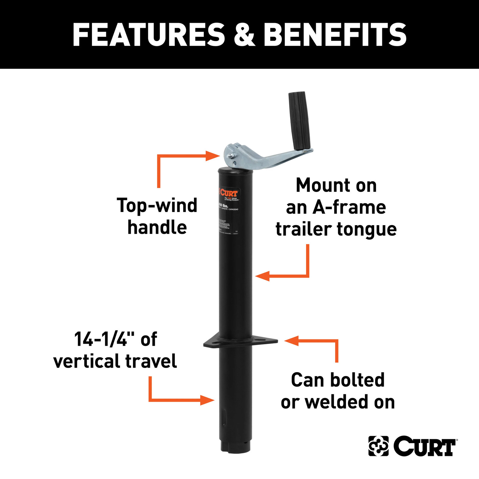 Trailer Jack A-Frame Tongue Jack with Top Handle (2,000 lbs, 14″ Travel) CURT