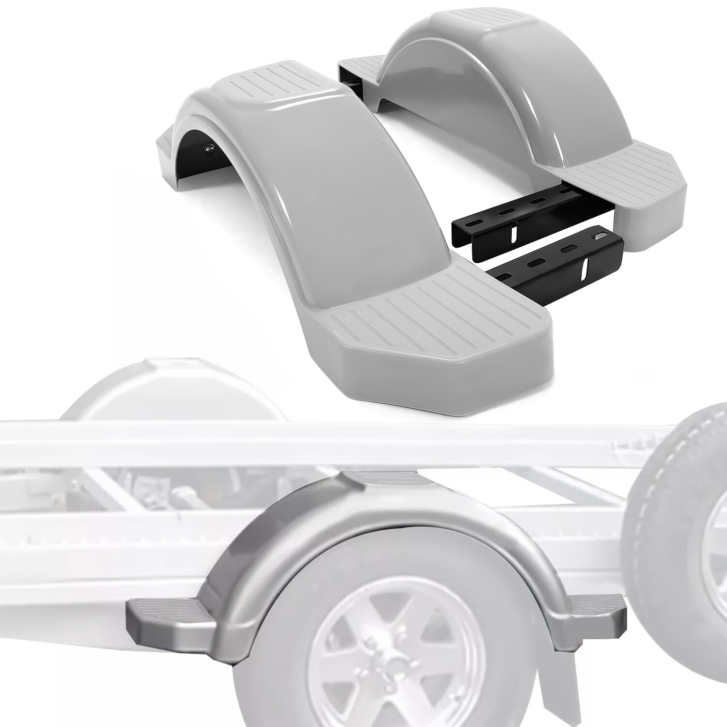 2pcs Gray Single Axle Trailer Fenders w/ Steps For 12″ Wheels Tires Skirt Boat