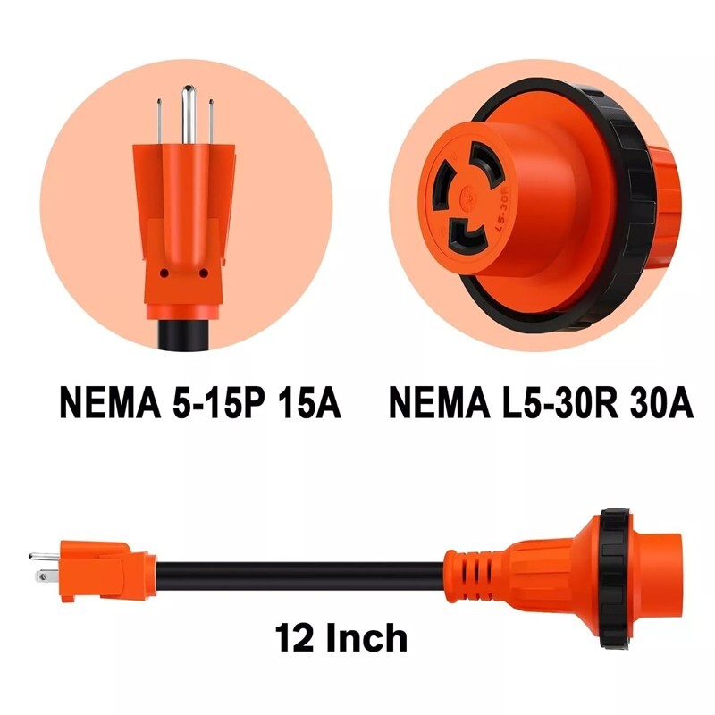 RV Power Cord Adapter 15 amp Male to 30 amp Female twist lock Connector