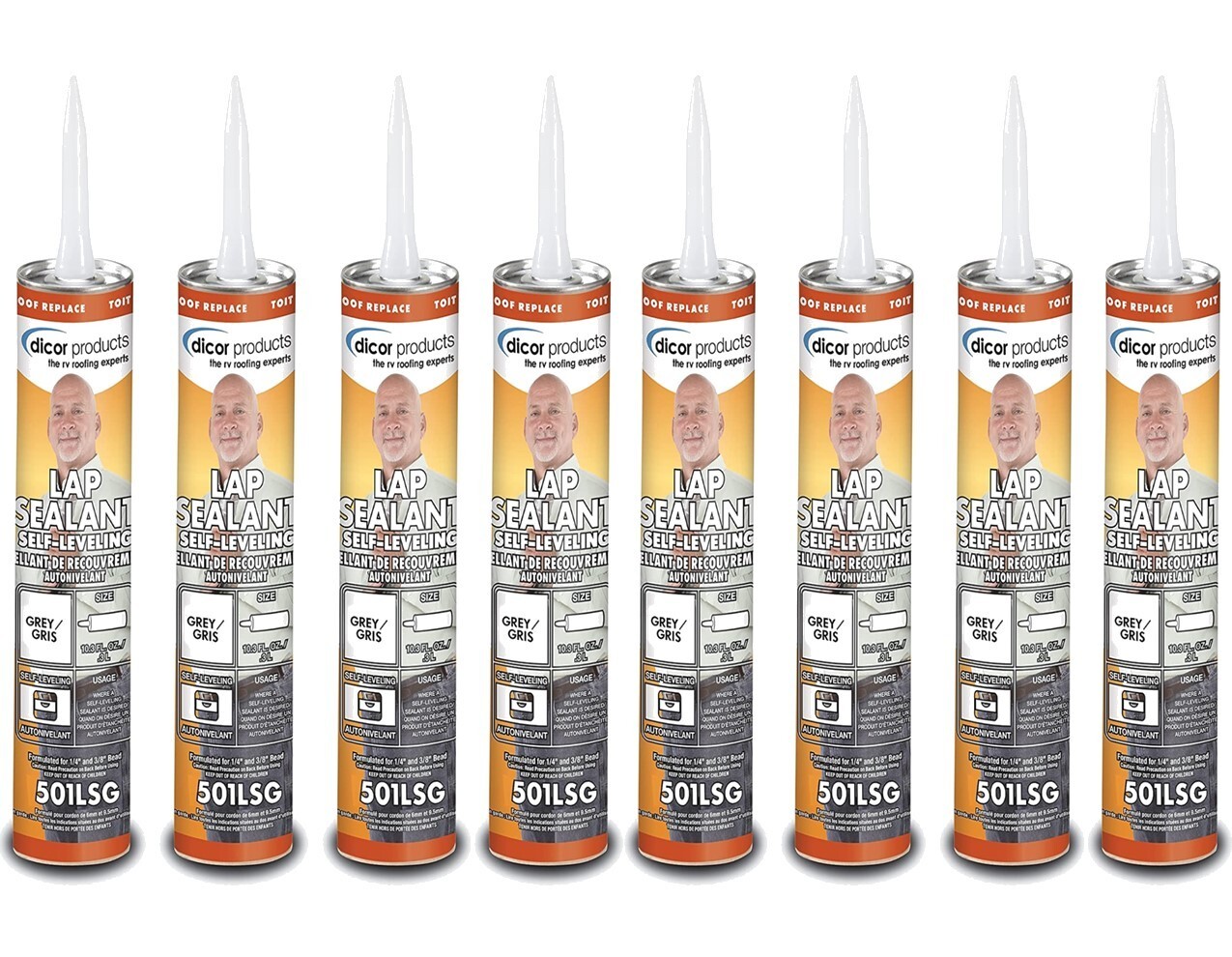 Dicor 501LSG-1 QTY.8, Self-Leveling Lap Sealant RV Roof Repair, Grey, 10.3 OZ