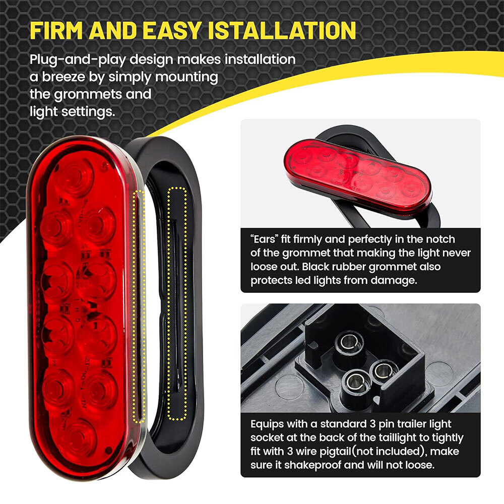 2 Red 6″ Oval Trailer Lights 10 LED Stop Turn Tail Truck Sealed Grommet Plug AAQ