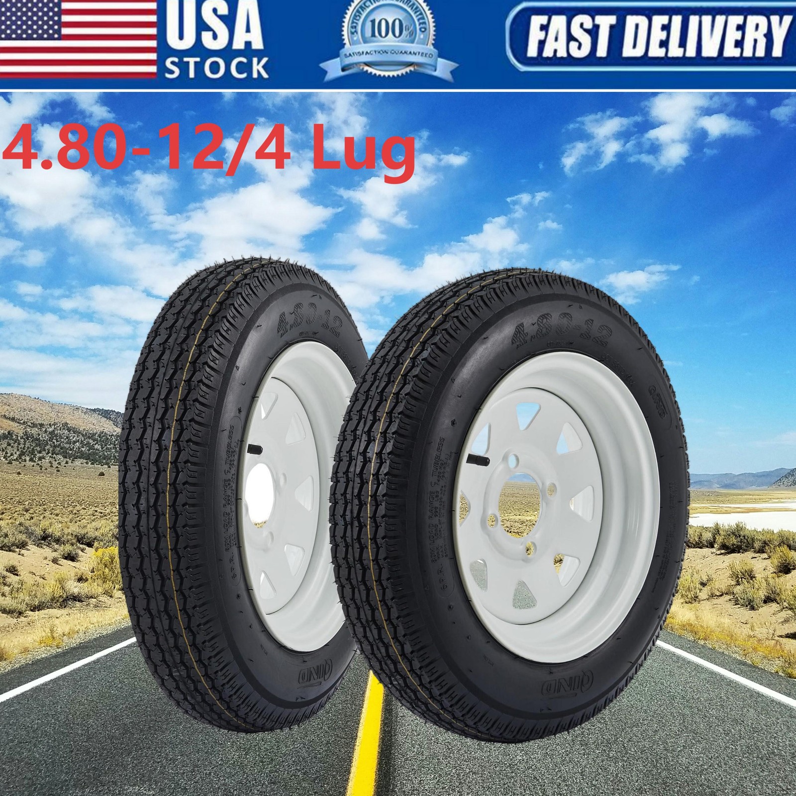 2 Pack 4.80-12 Trailer Tires And Rims 4.80×12 480×12 LRB 4 Lug White Spoke Wheel