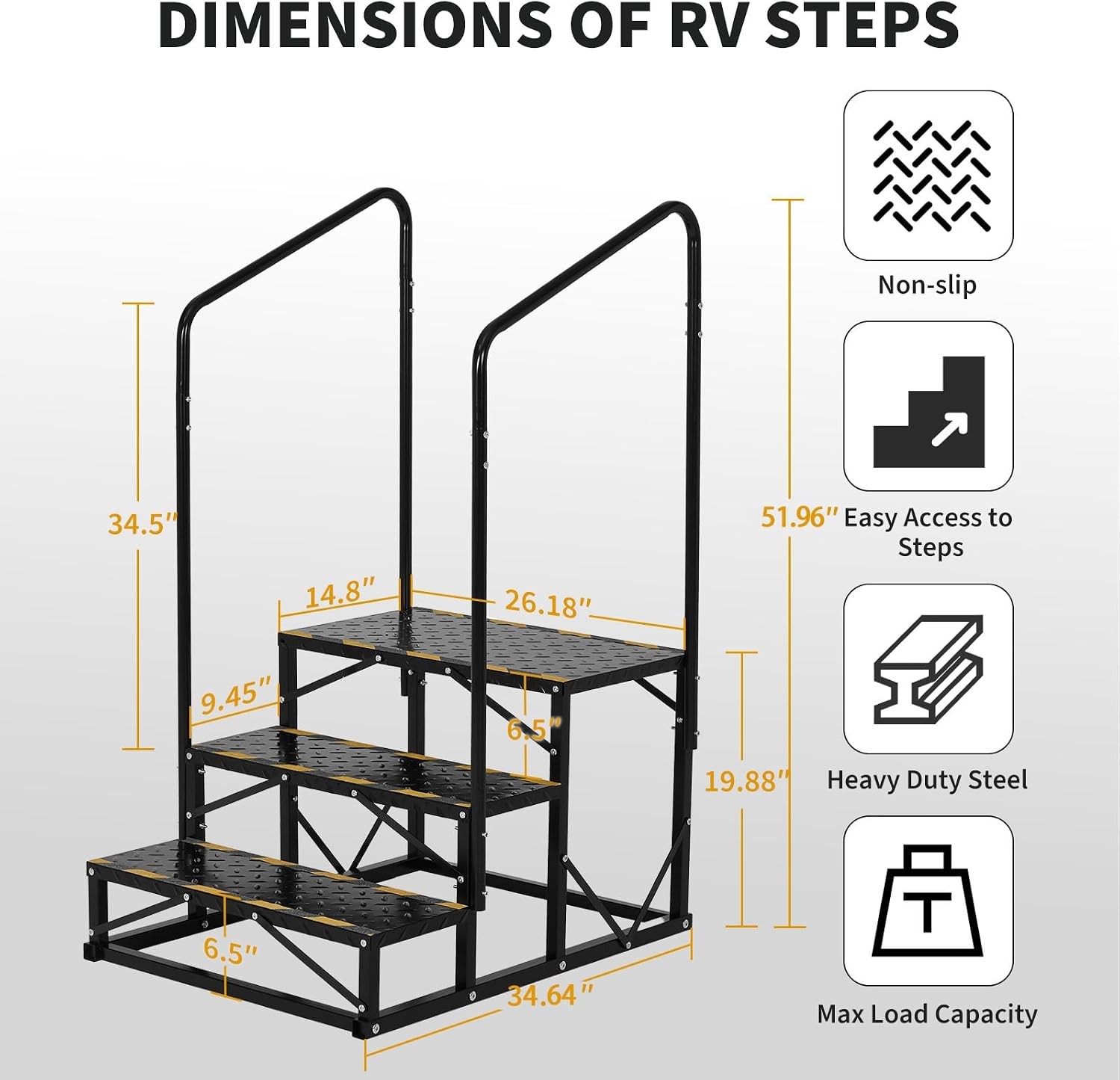 3 Step RV Stairs with 2 Removable Handrails for RV Camper Mobile Home Porch