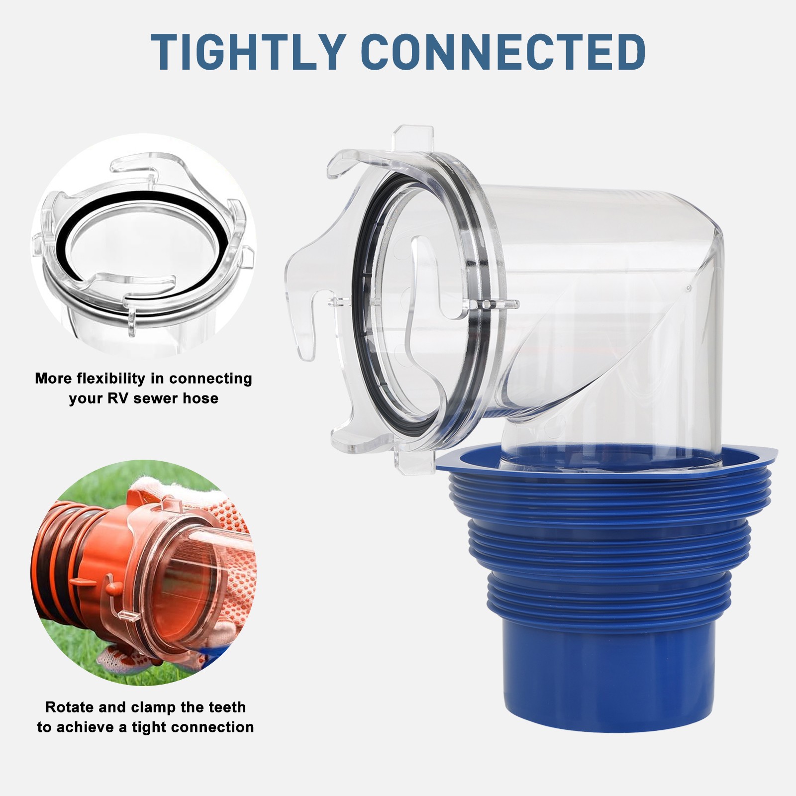 RV Sewer Hose Elbow 90° Clear Fitting w/ 4-in-1 Adapter 3″ 3.5″ 4″ NPT Connector