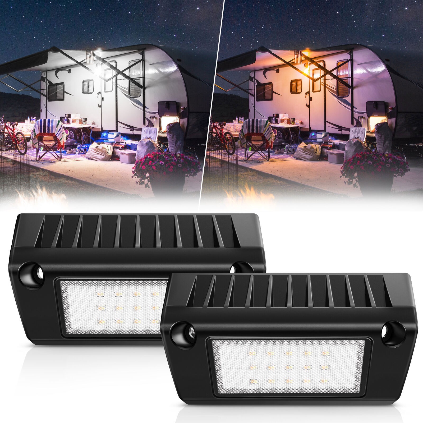 2pcs 5-Inch RV Porch Lights, 45W LED Utility Awning Lamp Yellow/White for Camper